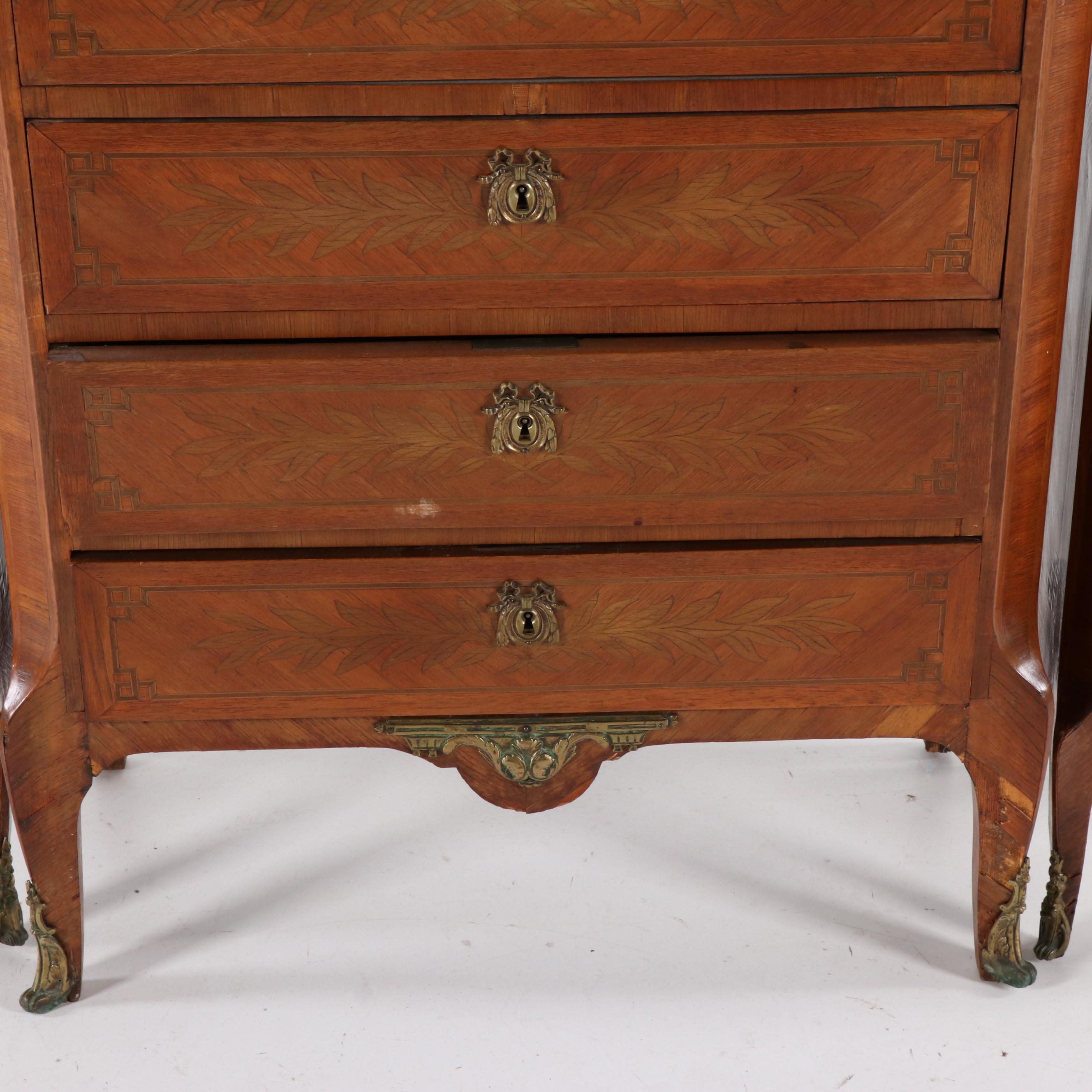 Italian Burled Walnut Veneer Dresser With Metal Mounts, Mid-20th Century