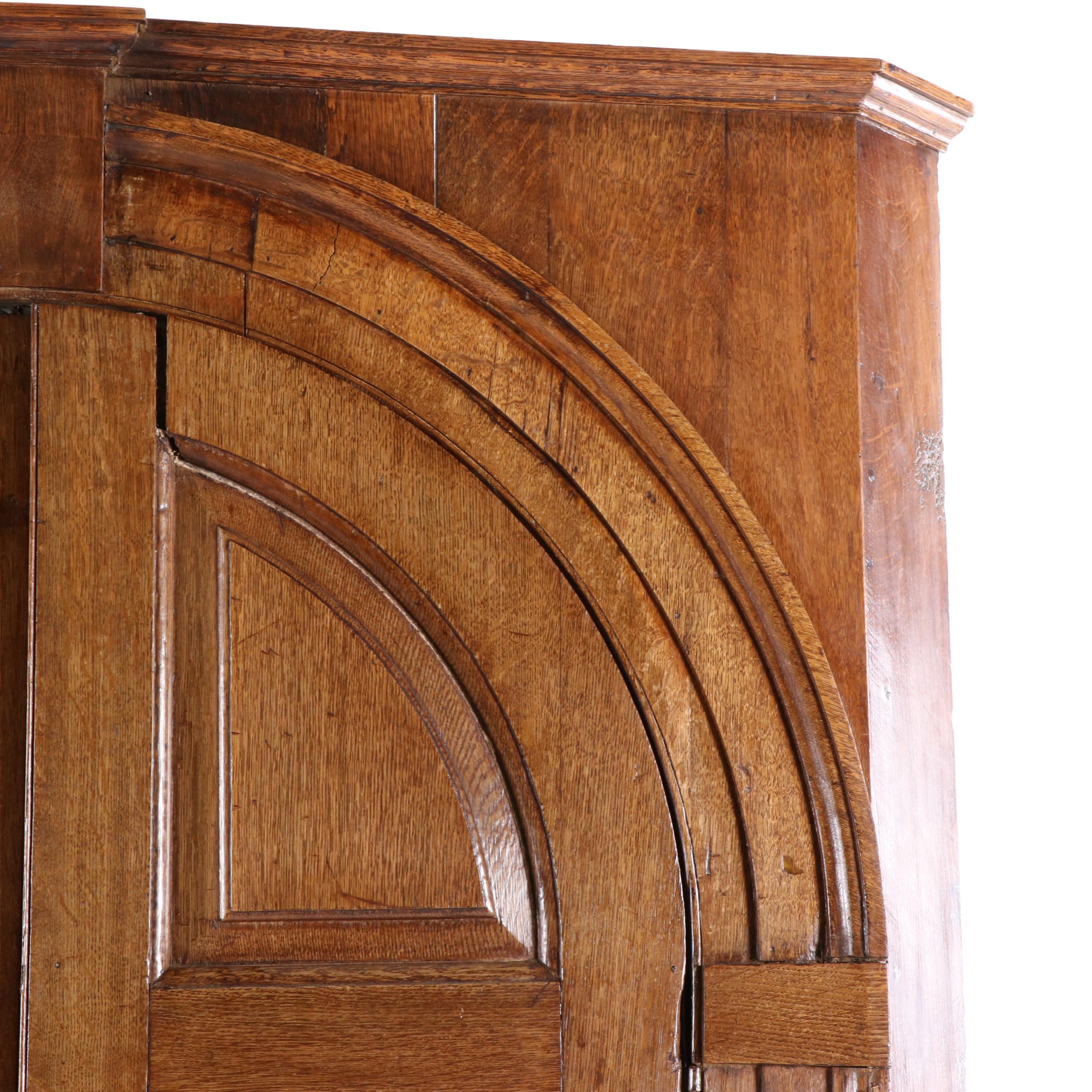 George III Provincial Oak Corner Cupboard with Architectural Interior, 19th C.