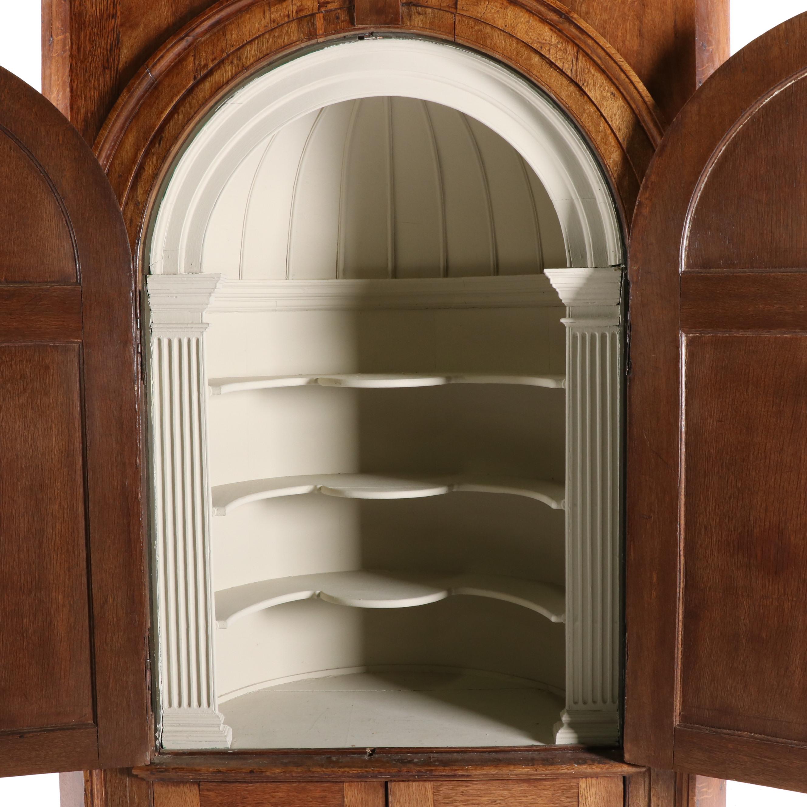 George III Provincial Oak Corner Cupboard with Architectural Interior, 19th C.