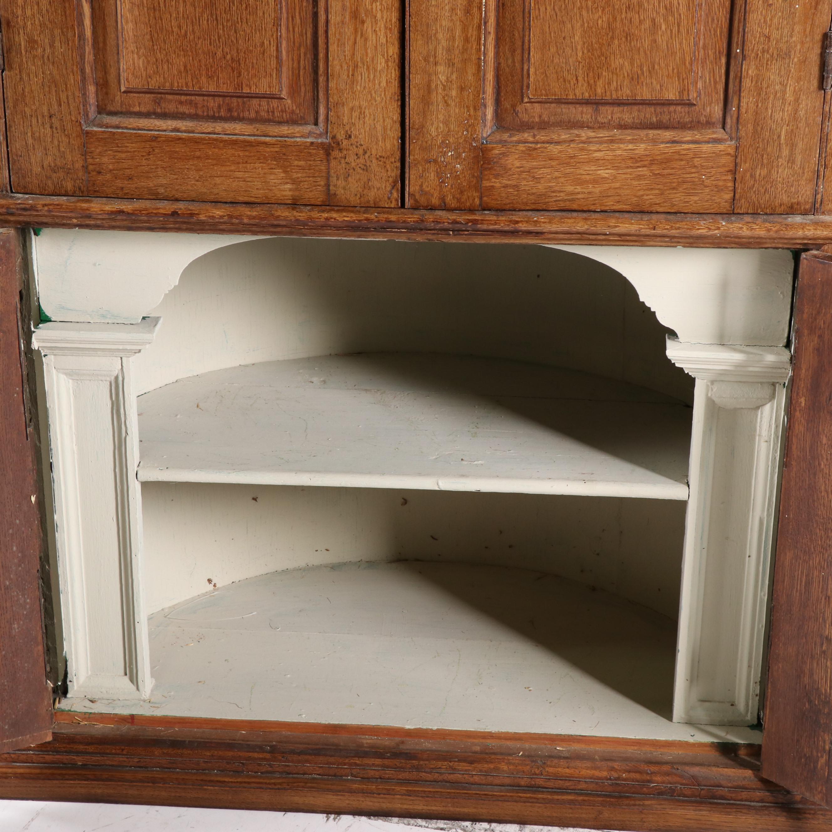 George III Provincial Oak Corner Cupboard with Architectural Interior, 19th C.