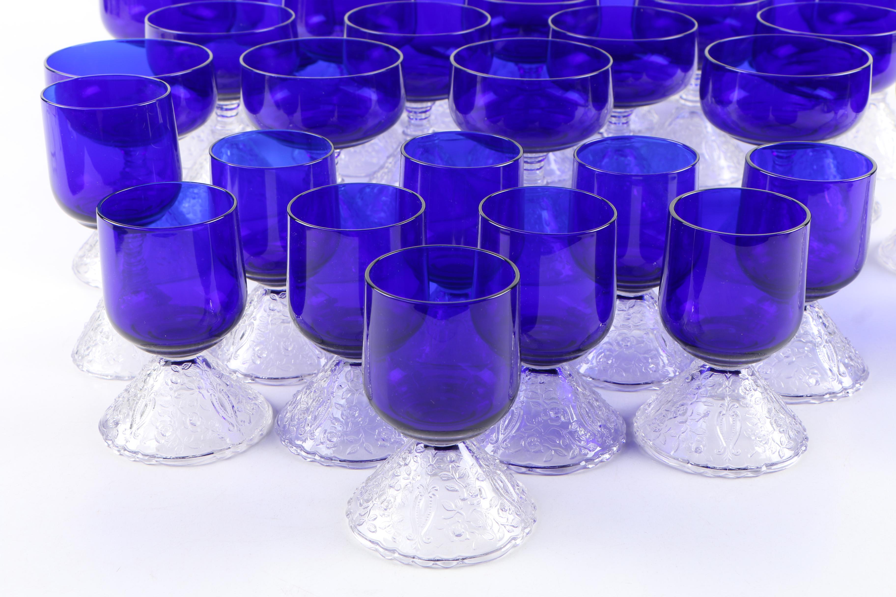 Rare Cambridge "Rose Point" Pressed Cobalt and Clear Glass Stemware, 1935-1940