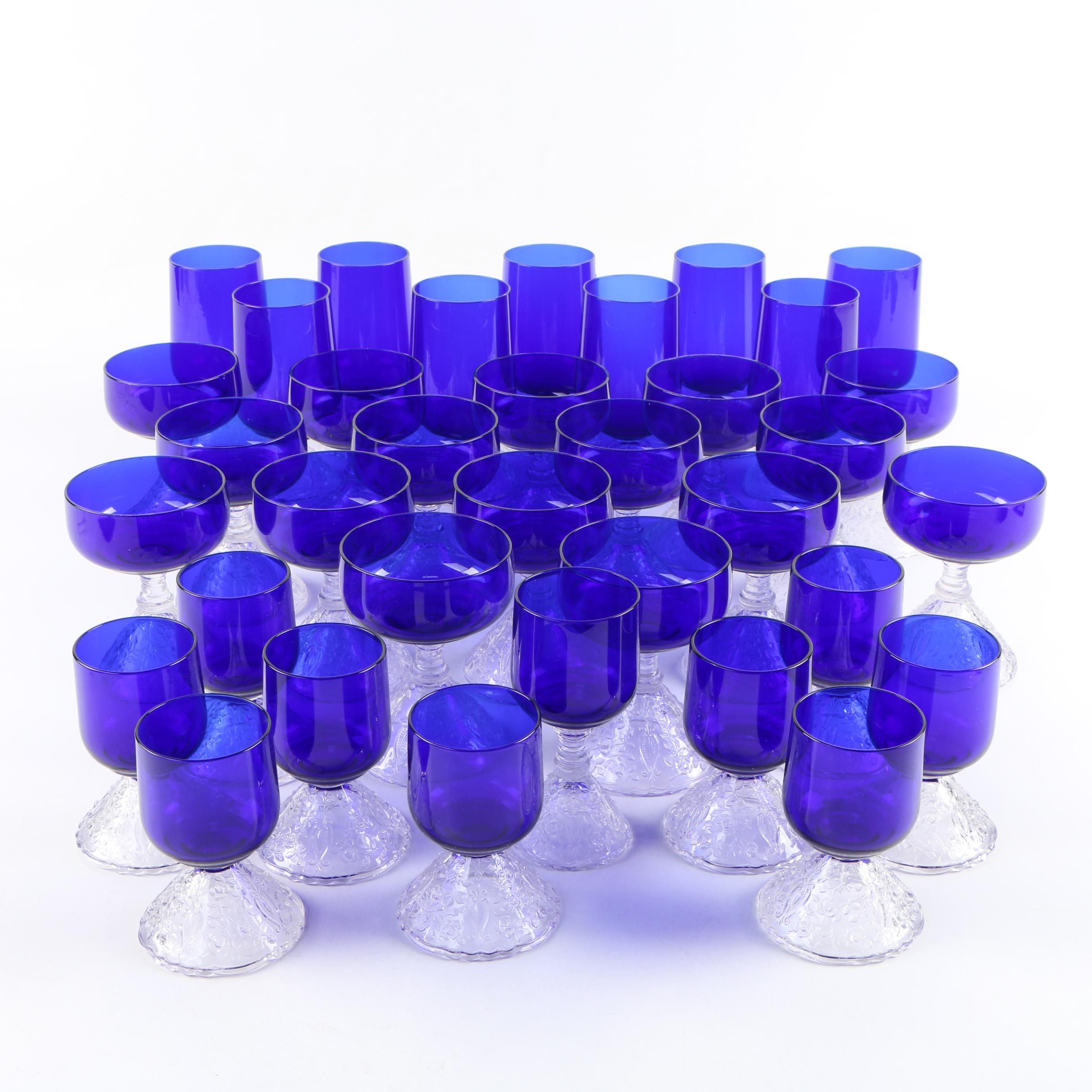 Rare Cambridge "Rose Point" Pressed Cobalt and Clear Glass Stemware, 1935-1940