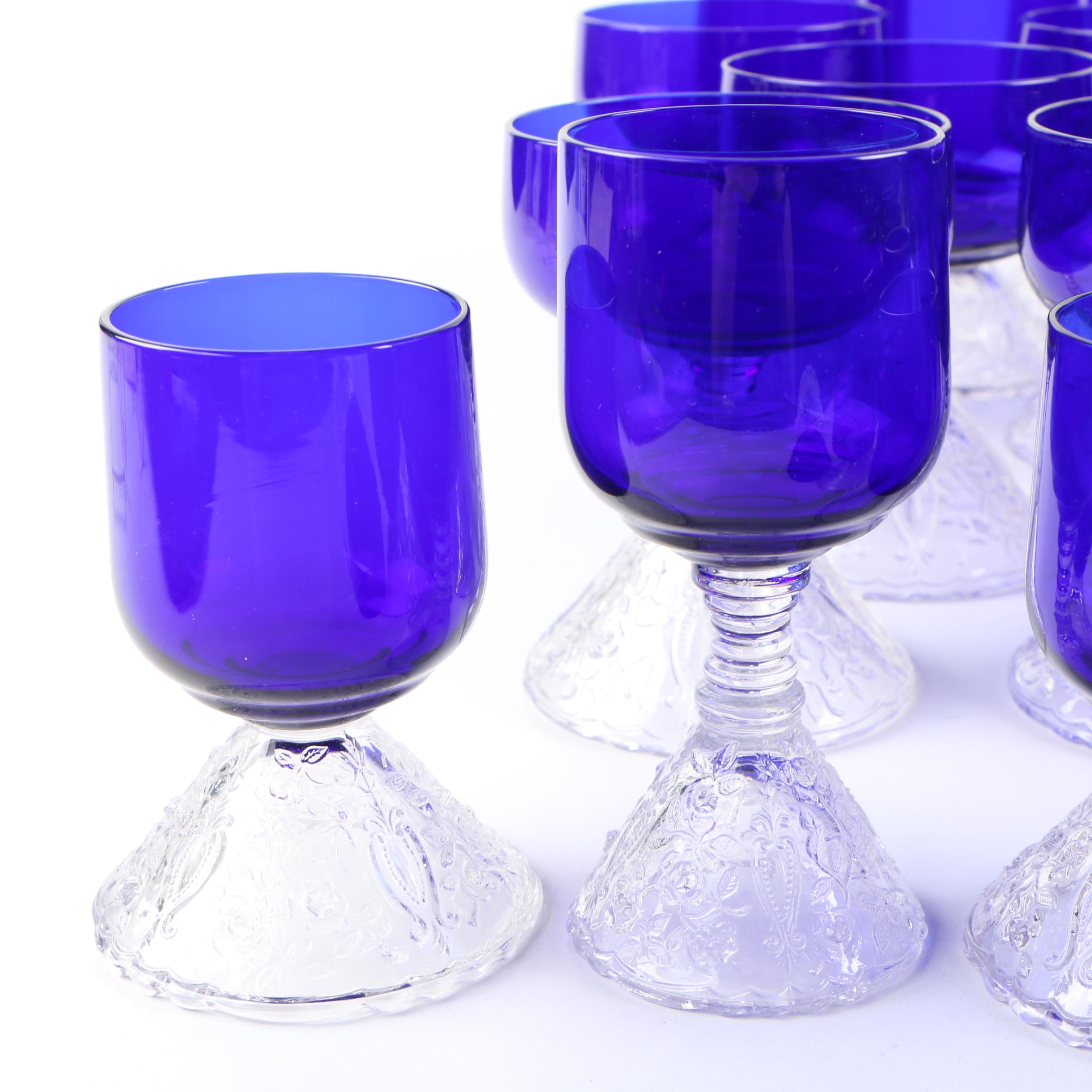 Rare Cambridge "Rose Point" Pressed Cobalt and Clear Glass Stemware, 1935-1940