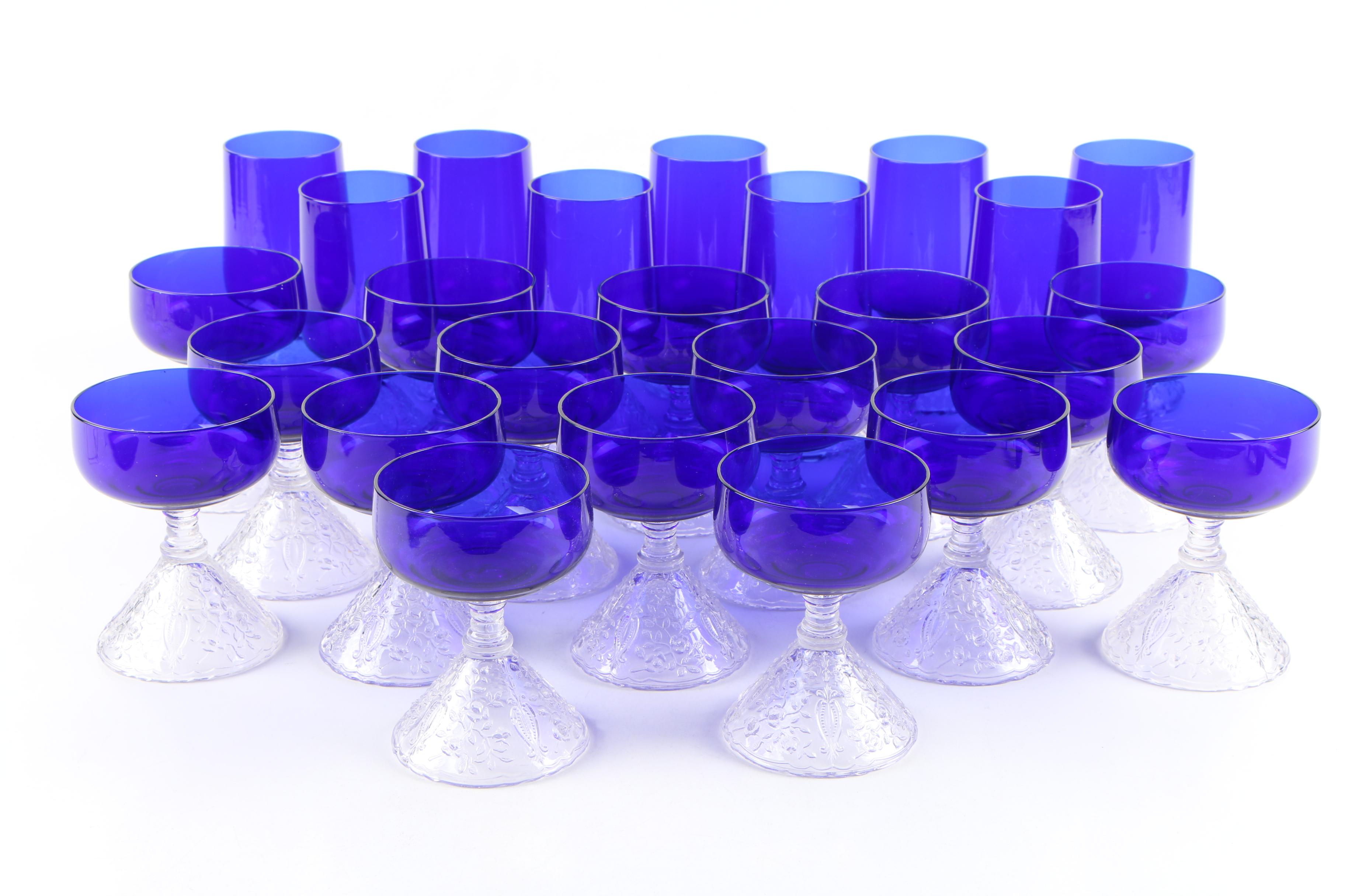 Rare Cambridge "Rose Point" Pressed Cobalt and Clear Glass Stemware, 1935-1940