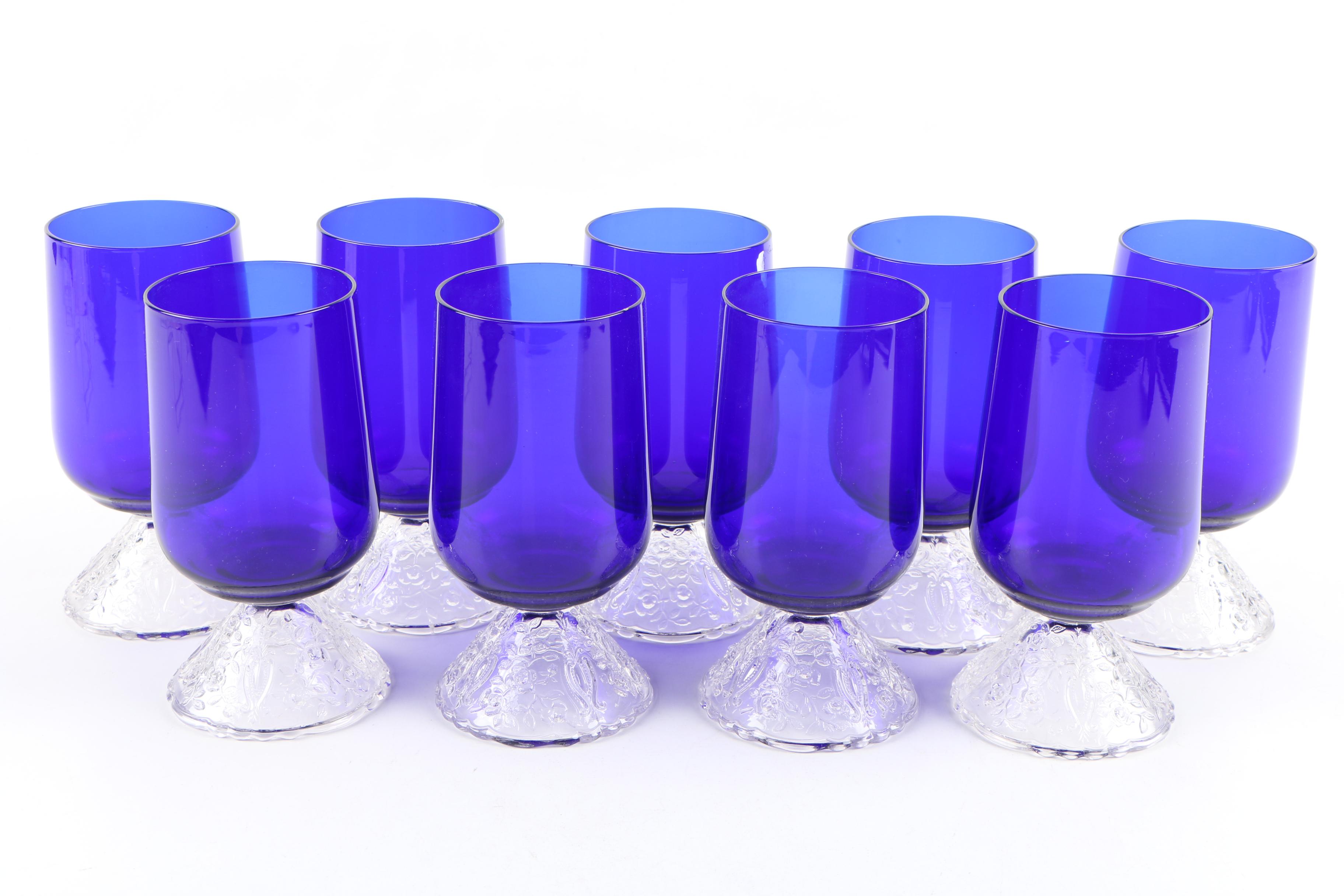Rare Cambridge "Rose Point" Pressed Cobalt and Clear Glass Stemware, 1935-1940