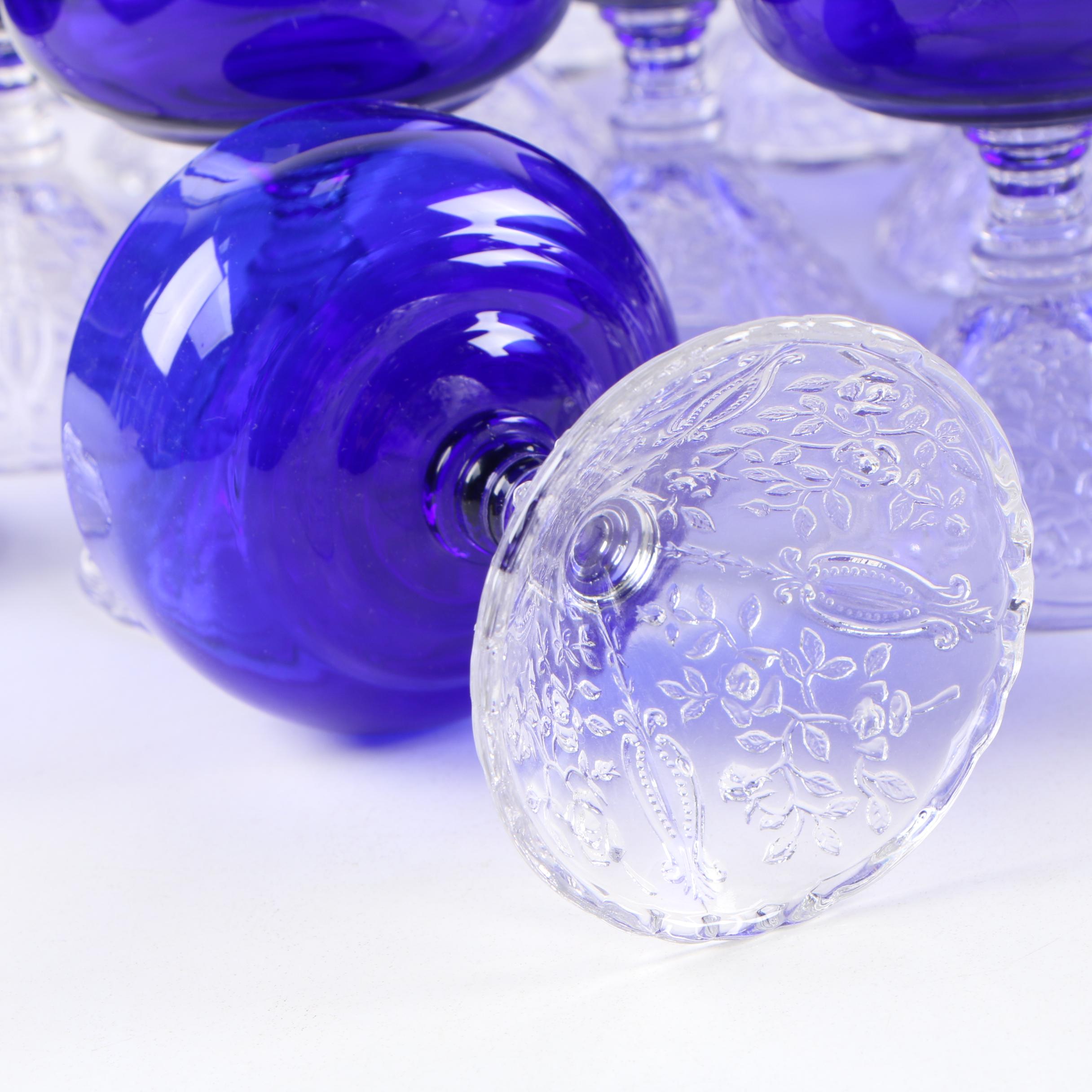 Rare Cambridge "Rose Point" Pressed Cobalt and Clear Glass Stemware, 1935-1940