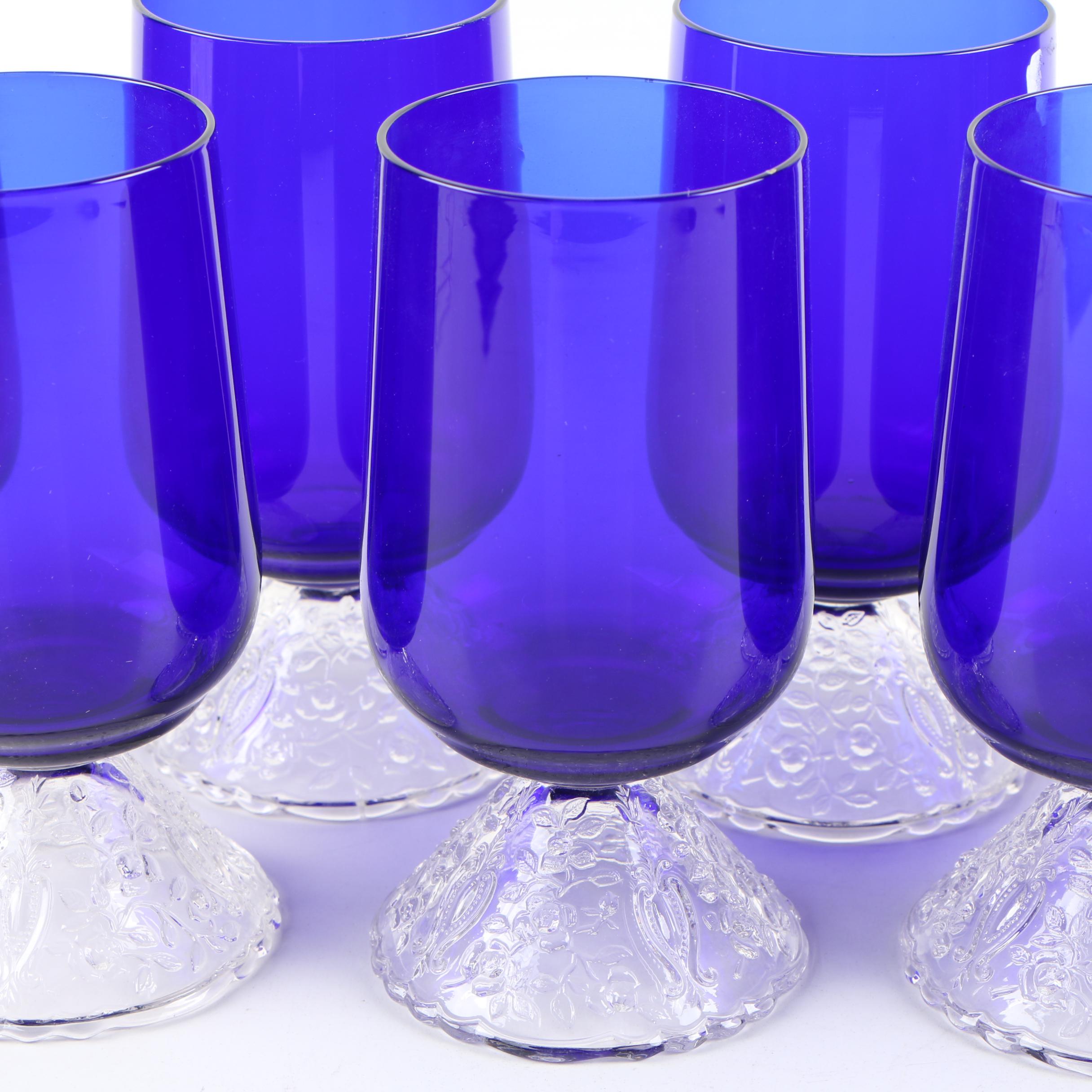 Rare Cambridge "Rose Point" Pressed Cobalt and Clear Glass Stemware, 1935-1940