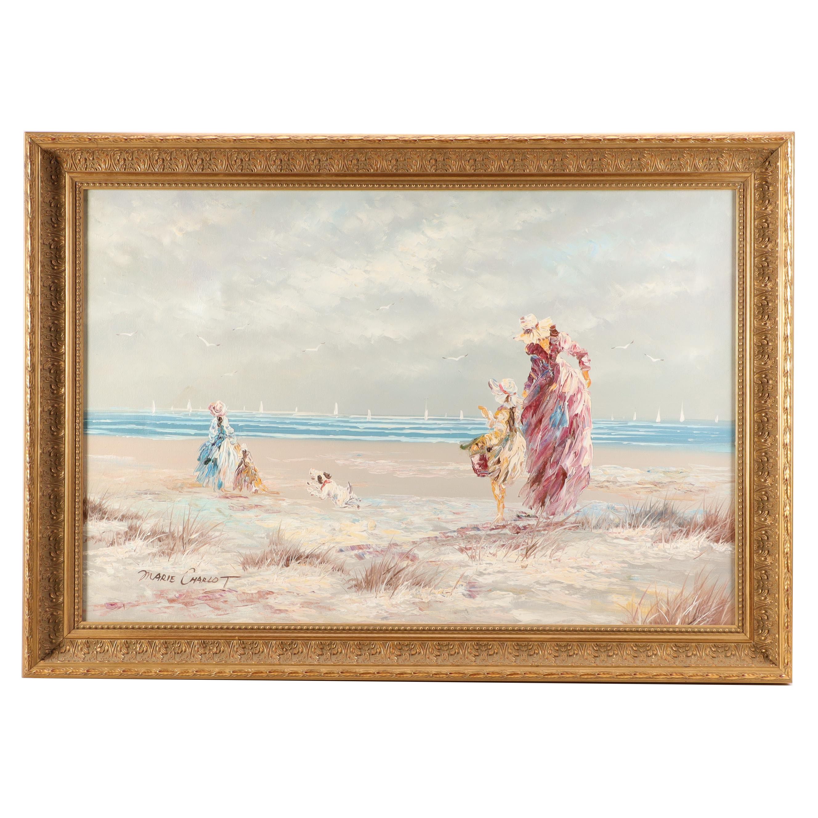 Marie Charlot Oil Painting of Woman and Children at Beach