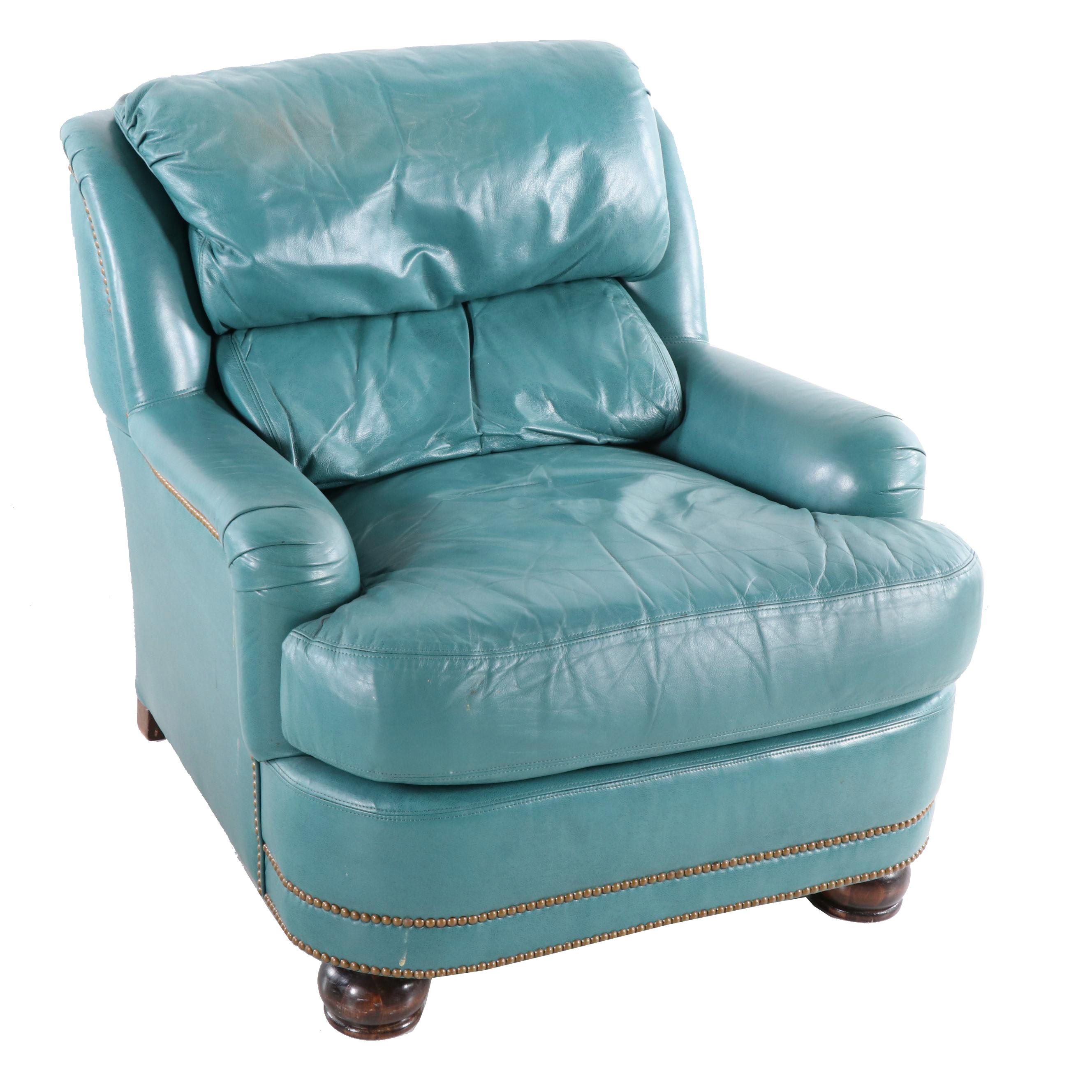 Hancock & Moore Teal Leather Club Chair With Nailhead Trim, Late 20th Century