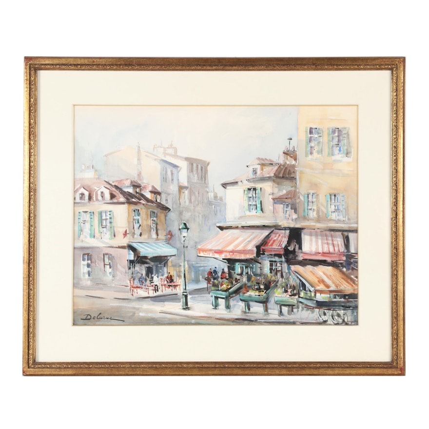 Lucien Delarue Watercolor of Parisian Marketplace