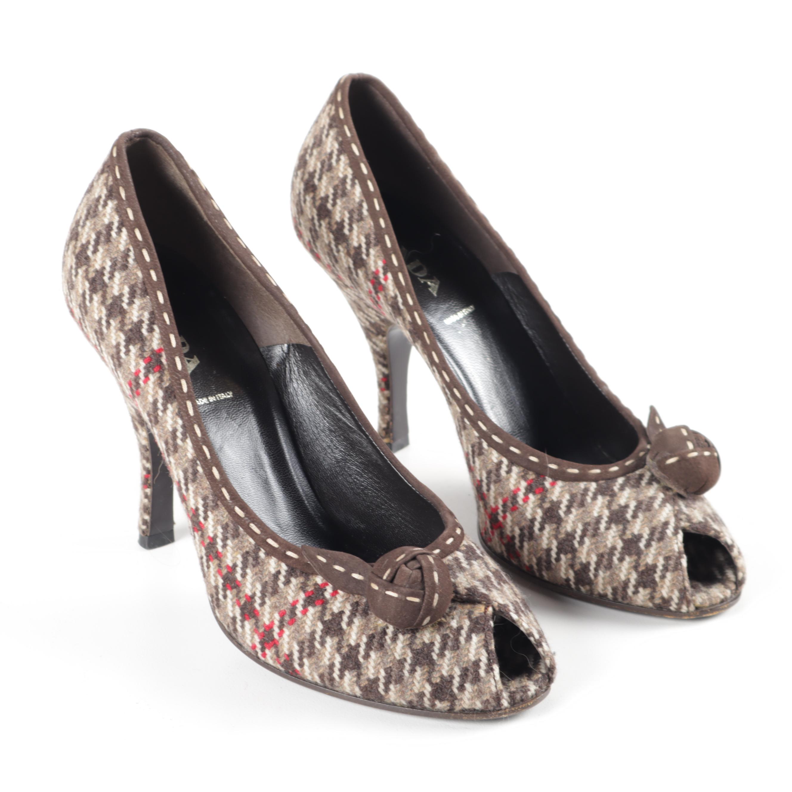 Prada Houndstooth Tweed and Brown Suede Peep-Toe High Heel Pumps