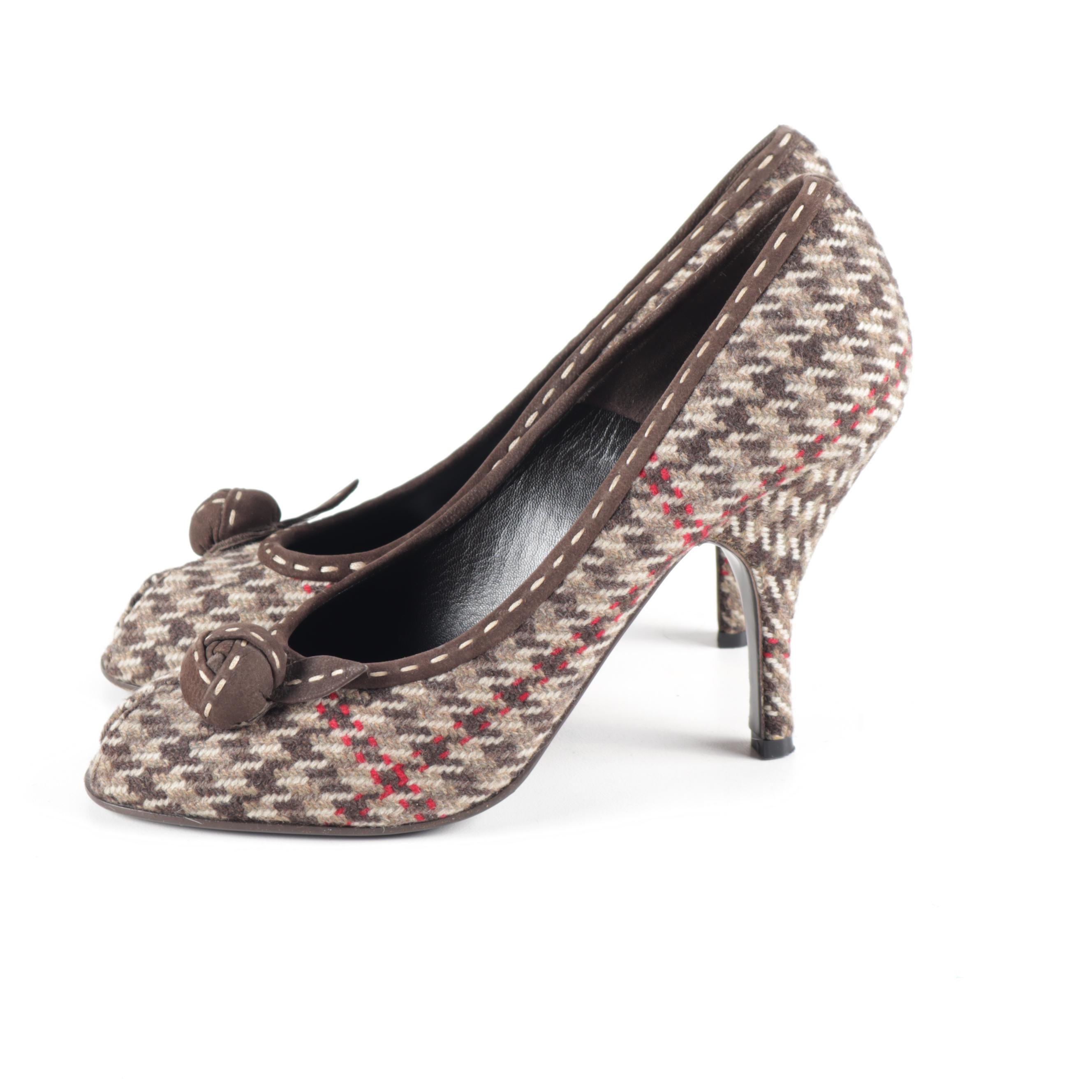 Prada Houndstooth Tweed and Brown Suede Peep-Toe High Heel Pumps