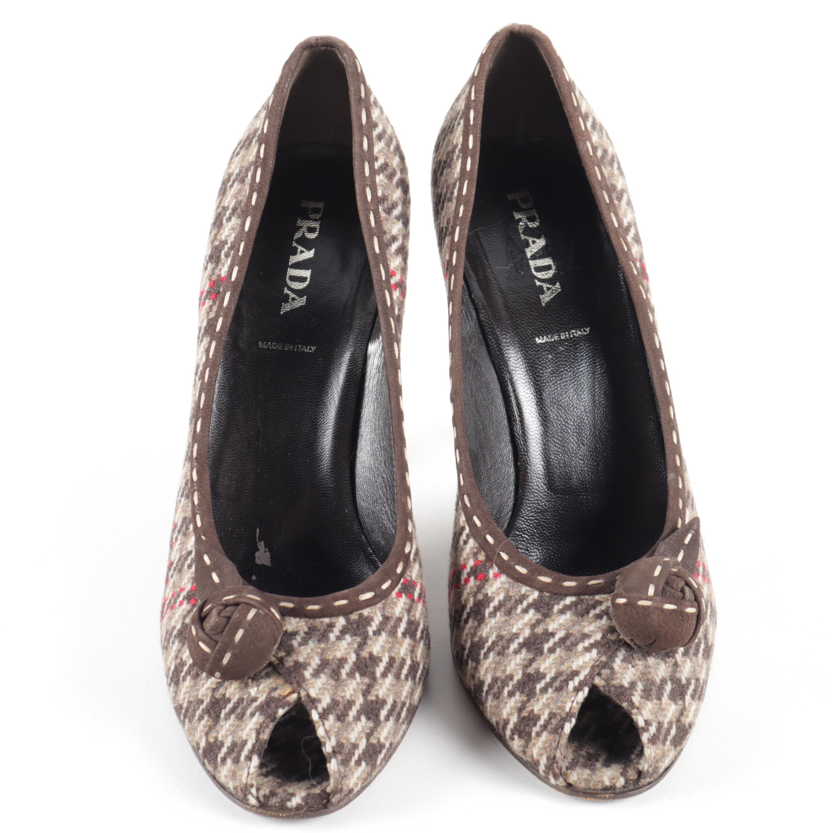 Prada Houndstooth Tweed and Brown Suede Peep-Toe High Heel Pumps