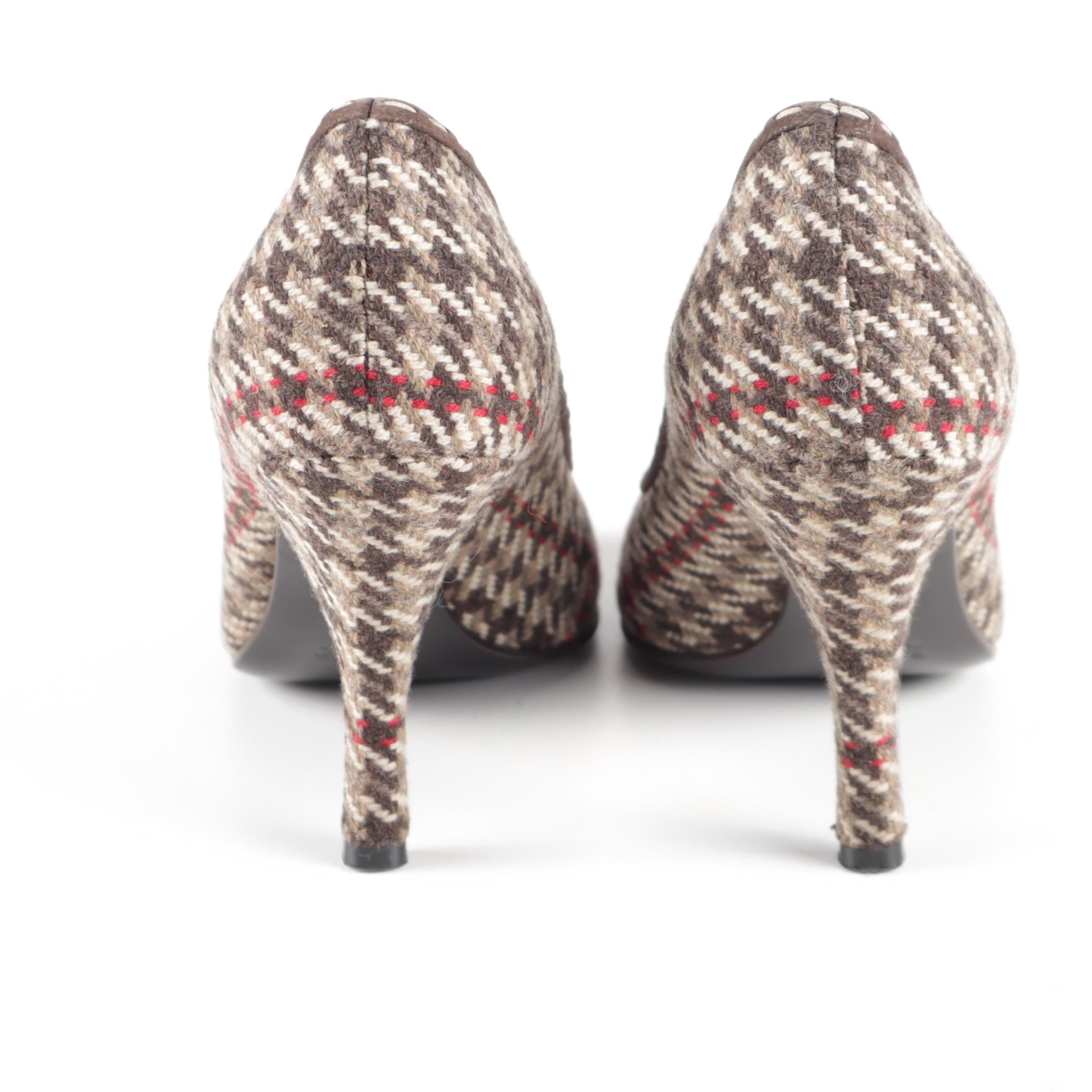 Prada Houndstooth Tweed and Brown Suede Peep-Toe High Heel Pumps
