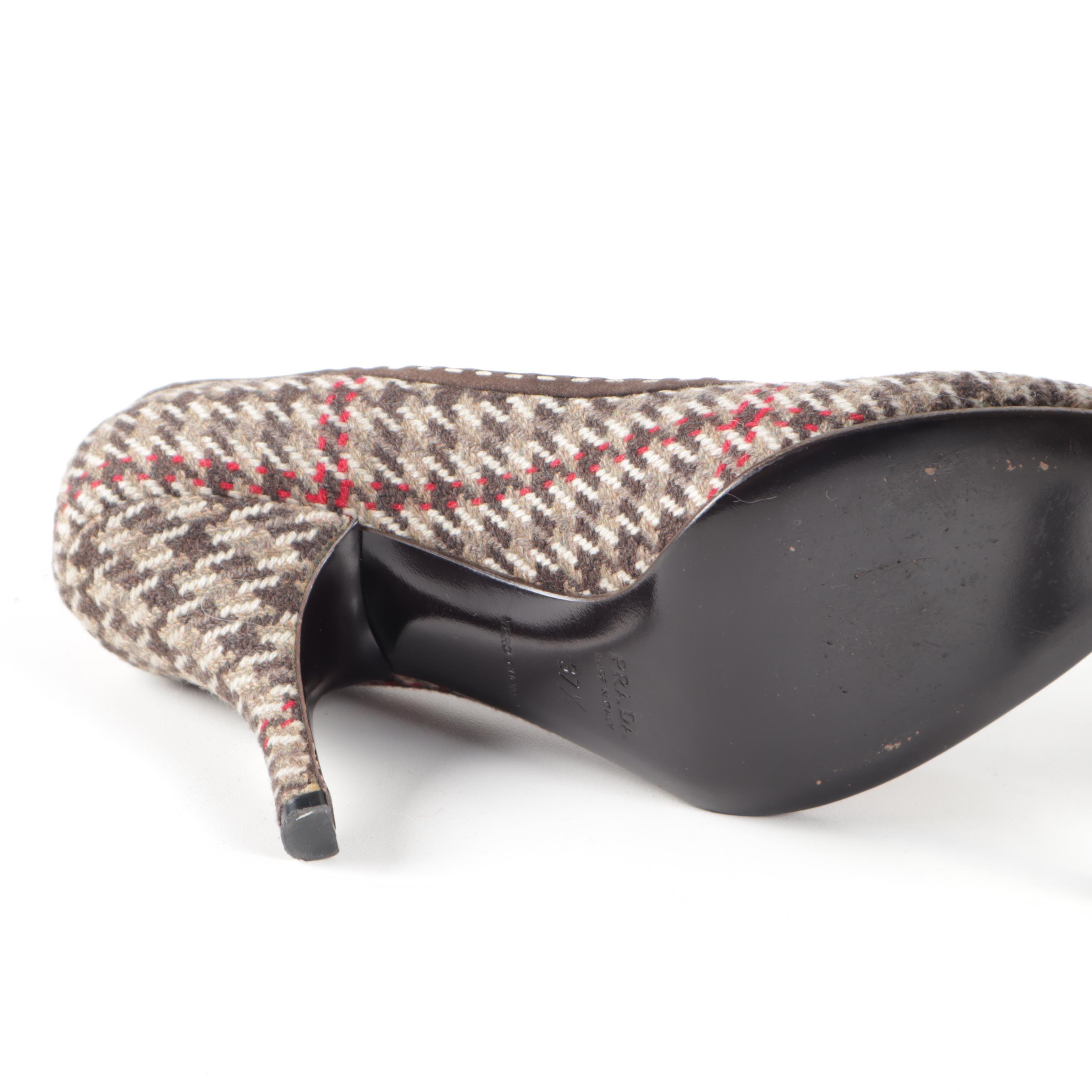 Prada Houndstooth Tweed and Brown Suede Peep-Toe High Heel Pumps