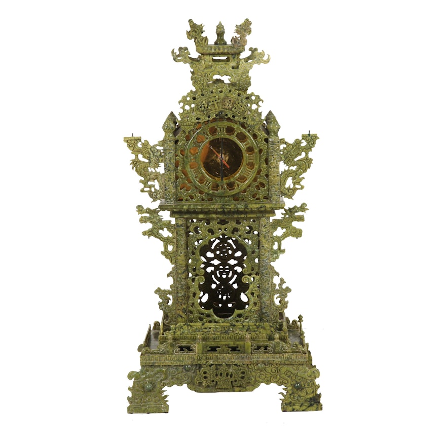 Chinese Ornately Carved Serpentine Stone Clock