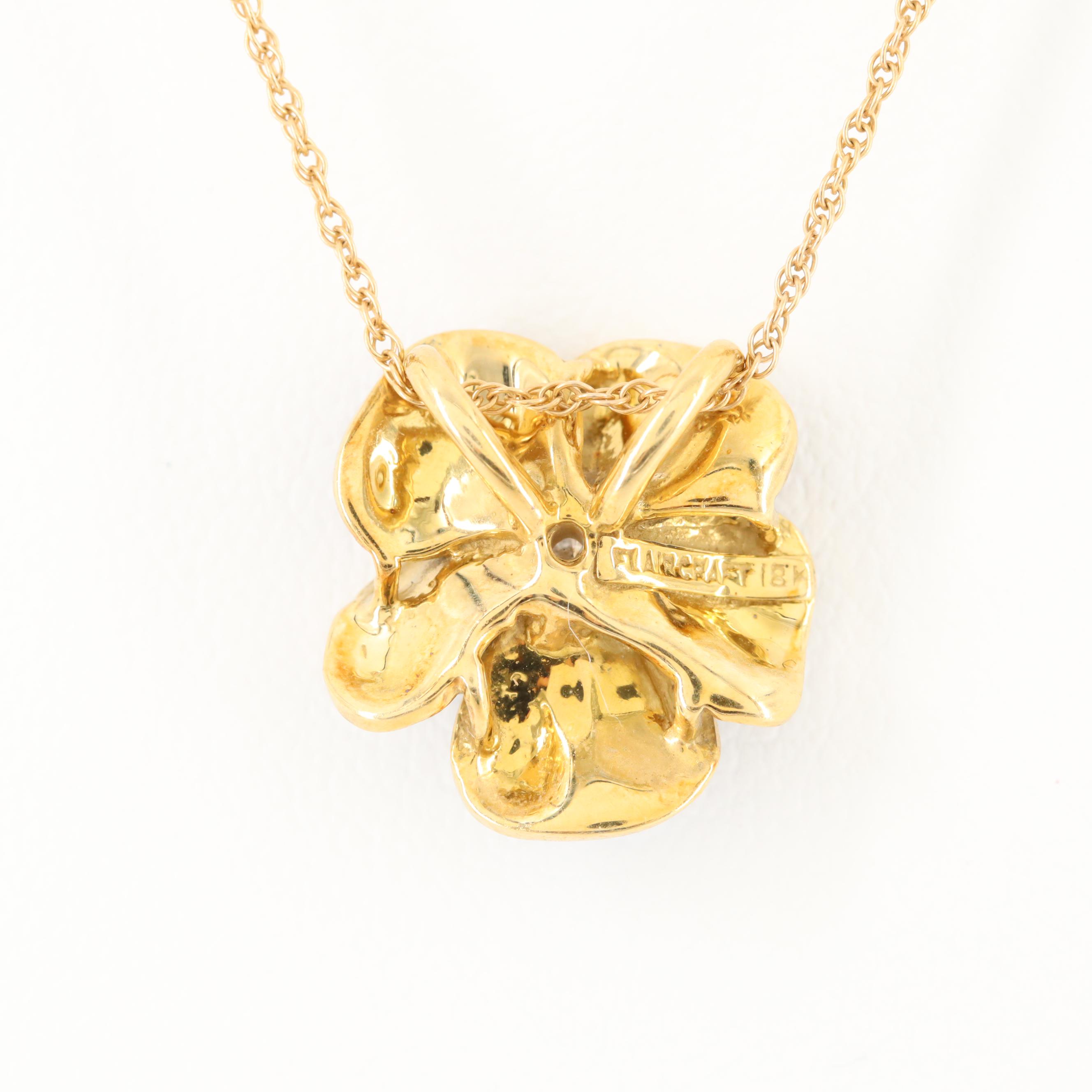 14K and 18K Yellow Gold Diamond and Enamel Pansy Pendant Necklace EBTH
