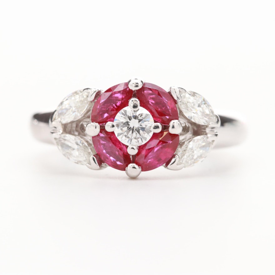 14K White Gold Diamond and Ruby Ring