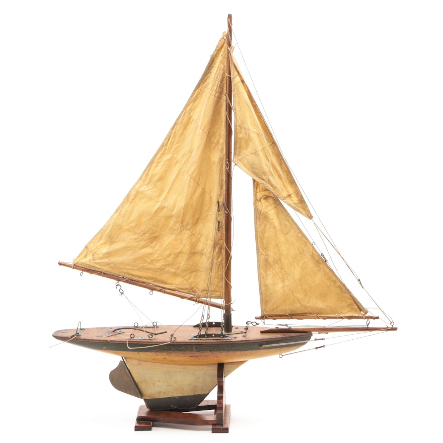 Handcrafted Wooden Model Yacht, Vintage