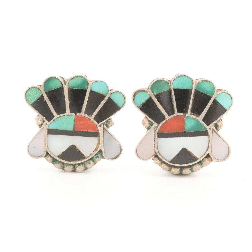 Southwestern Style Sterling Turquoise, Coral and Mother of Pearl Inlay Earrings