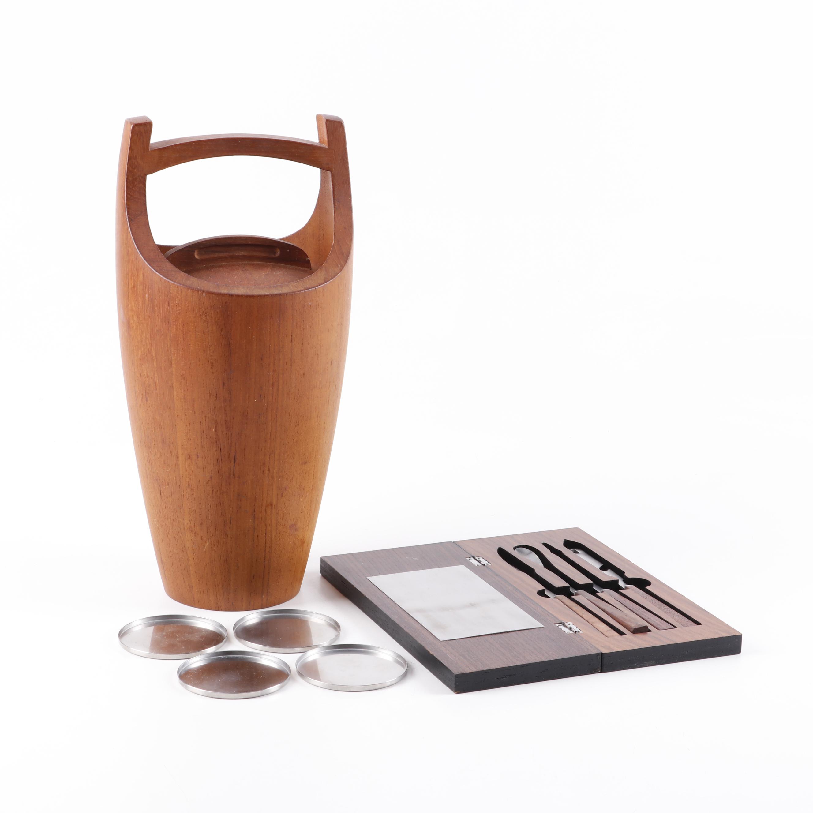 Danish Modern Teak, Rosewood, and Stainless Steel Ice Bucket and Bar Tools