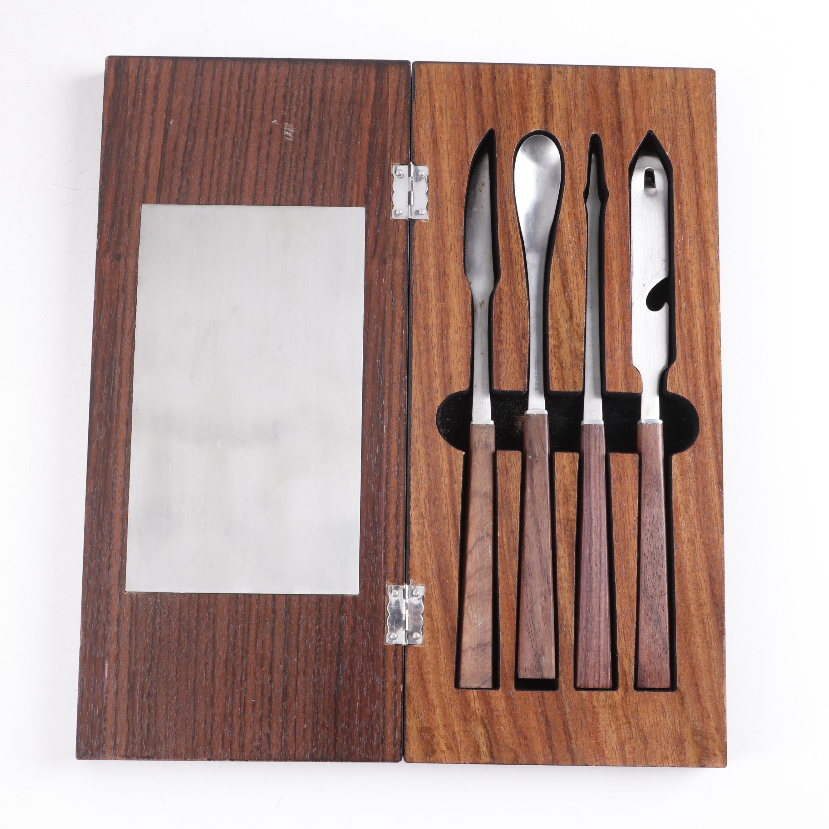 Danish Modern Teak, Rosewood, and Stainless Steel Ice Bucket and Bar Tools