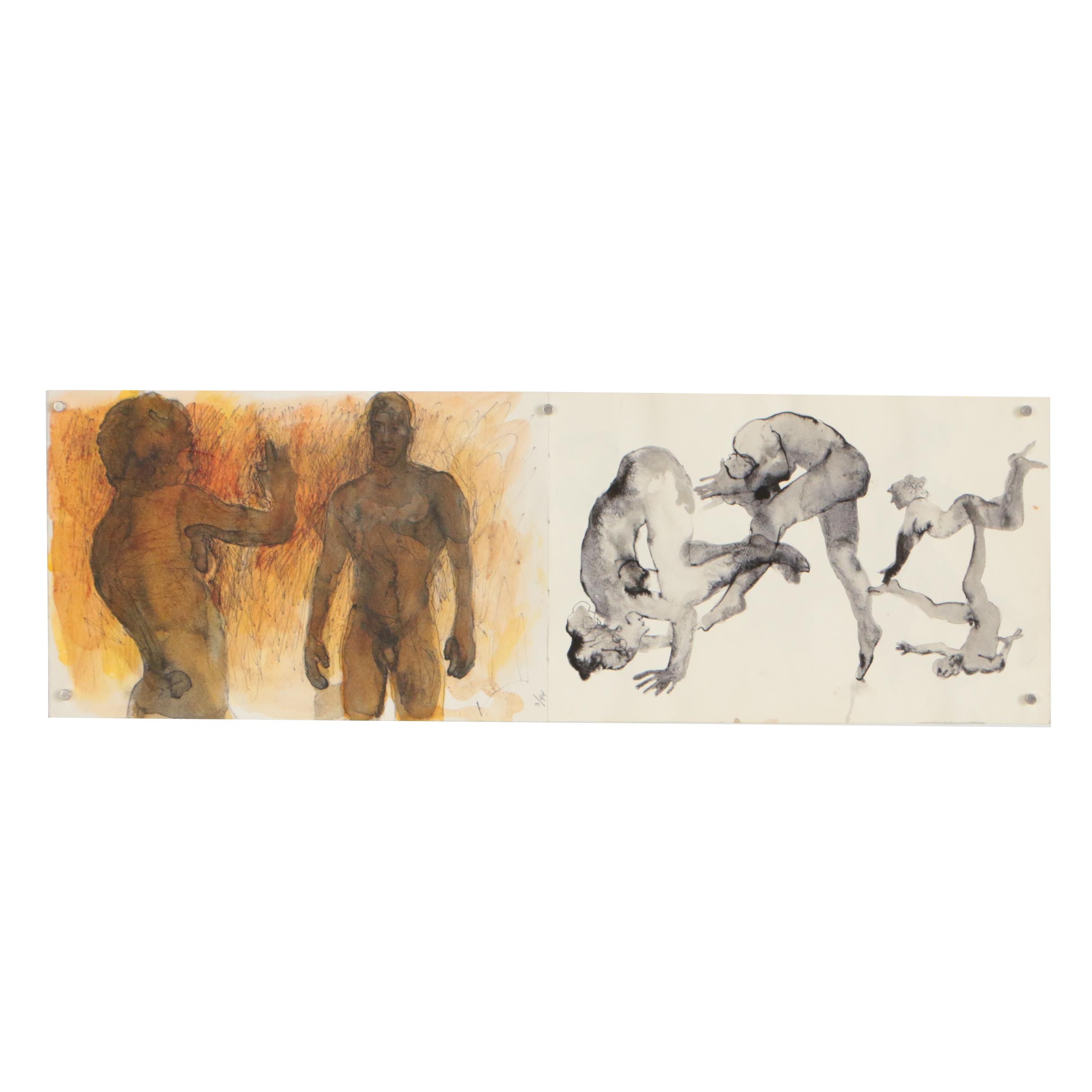 John Tuska Figural Double-Sided Ink and Watercolor Painting