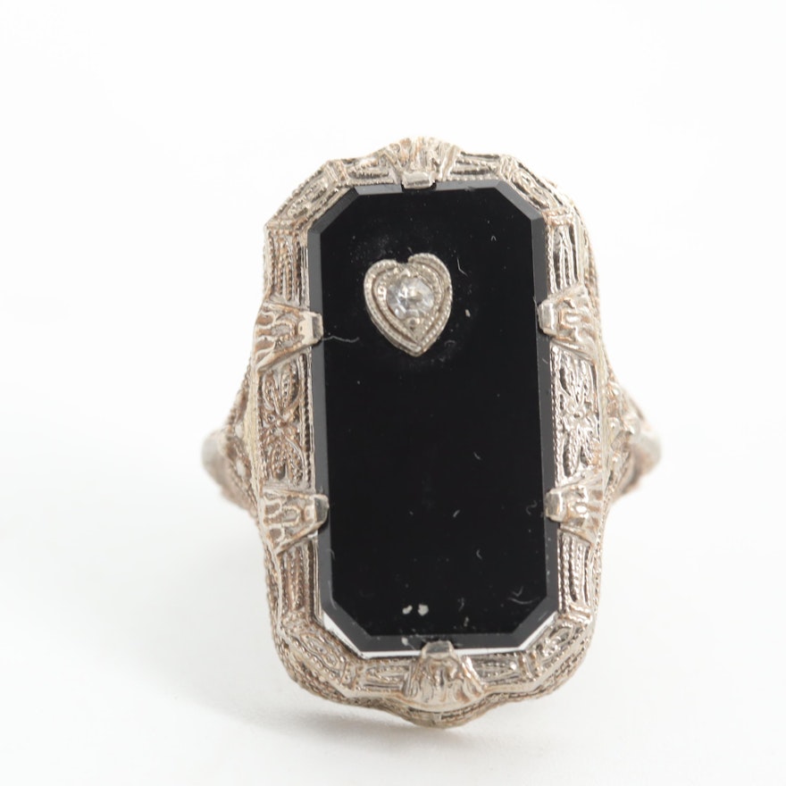 Vintage 14K White Gold Black Onyx and Diamond Ring
