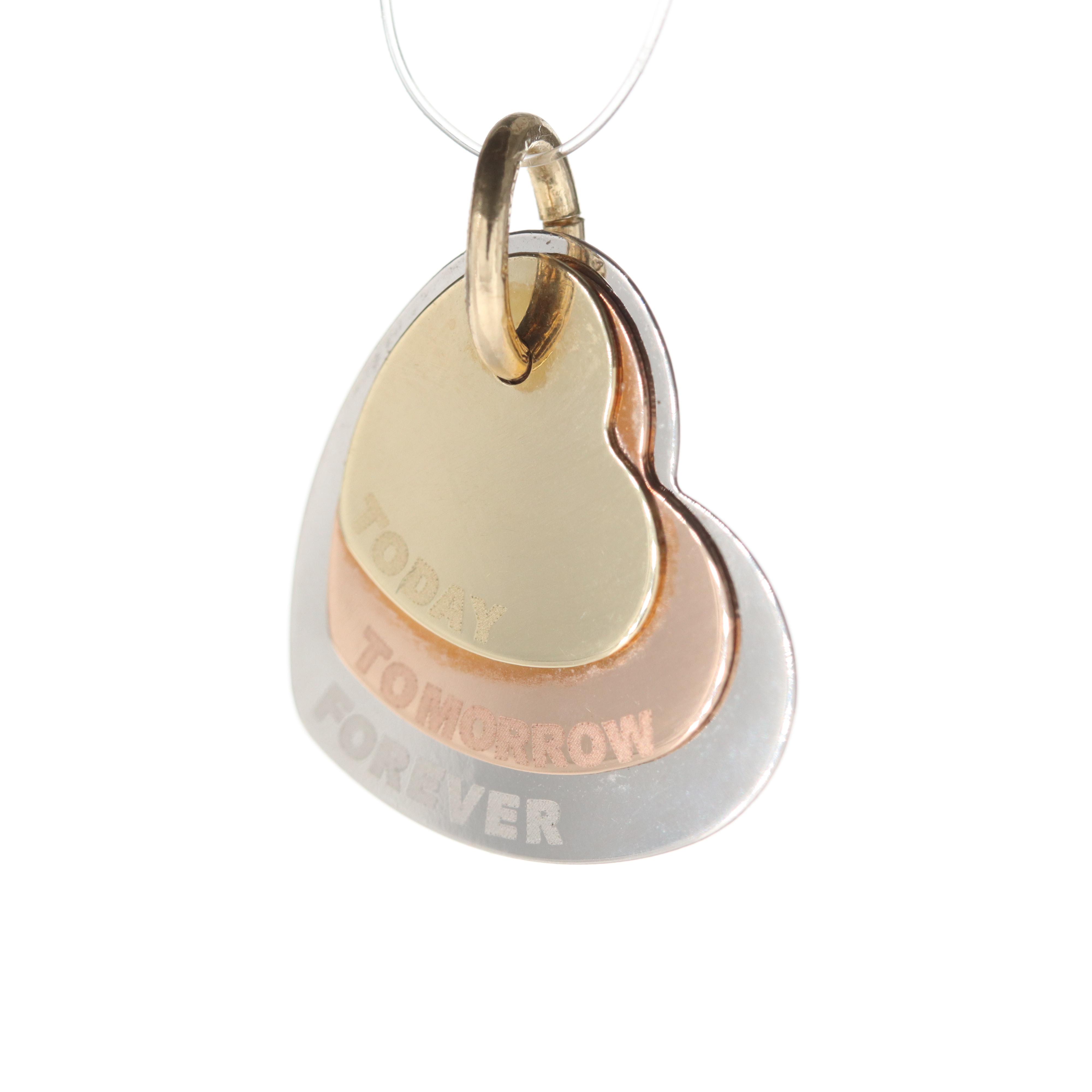 14K White, Yellow and Rose Gold "Today, Tomorrow, Forever" Heart Pendant