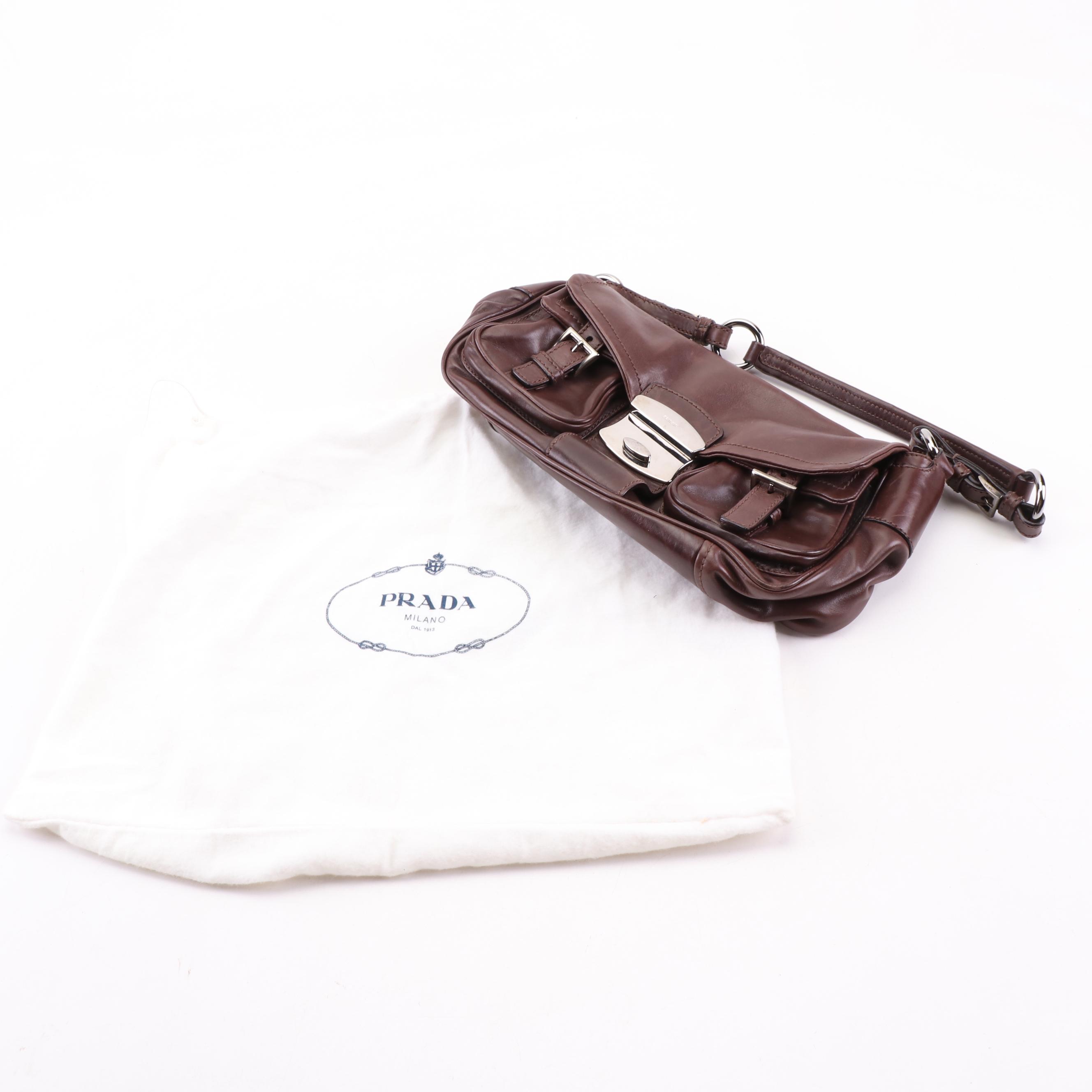 Prada Brown Leather Baguette Shoulder Bag