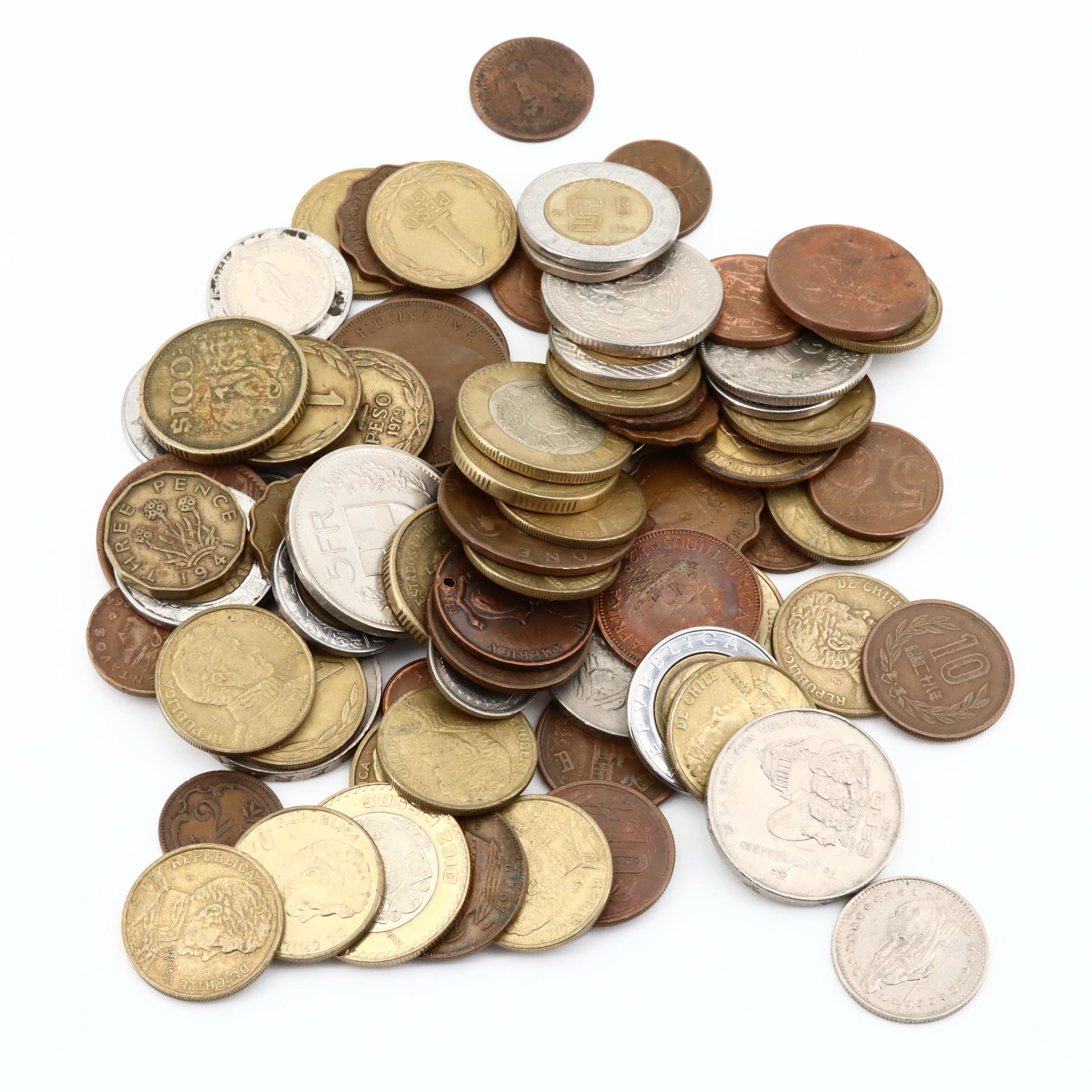 Seventy Various Foreign Coins Featuring a 1915 French Five Centimes