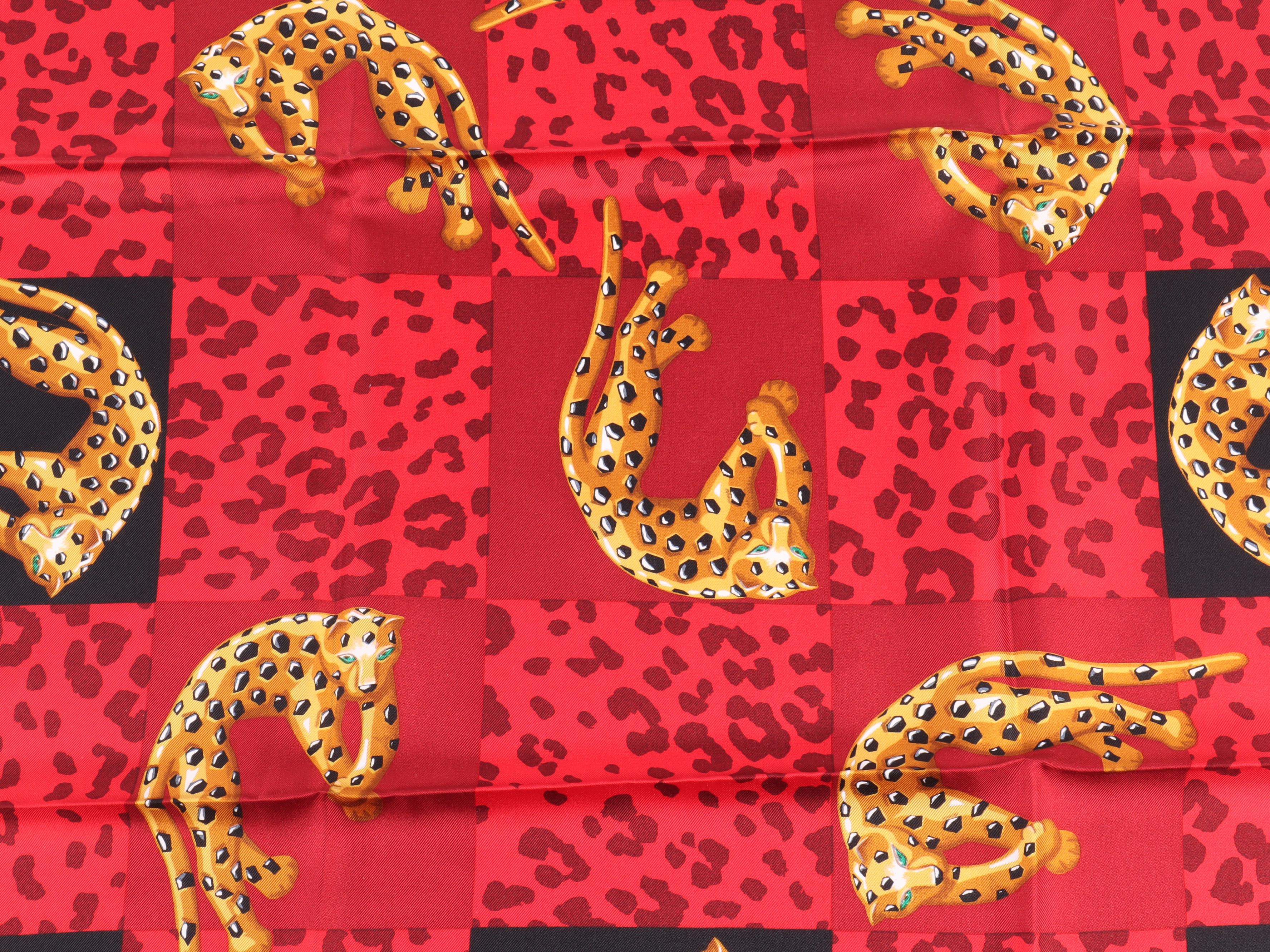 Cartier Paris Red Silk Scarf with Leopard Motif