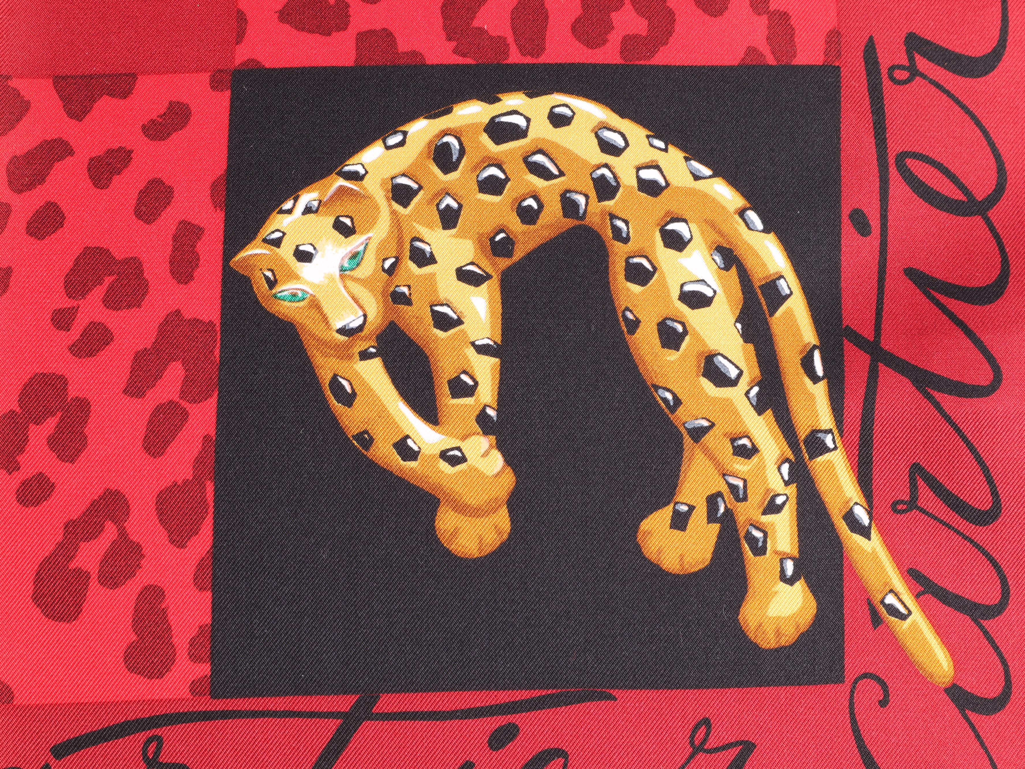 Cartier Paris Red Silk Scarf with Leopard Motif