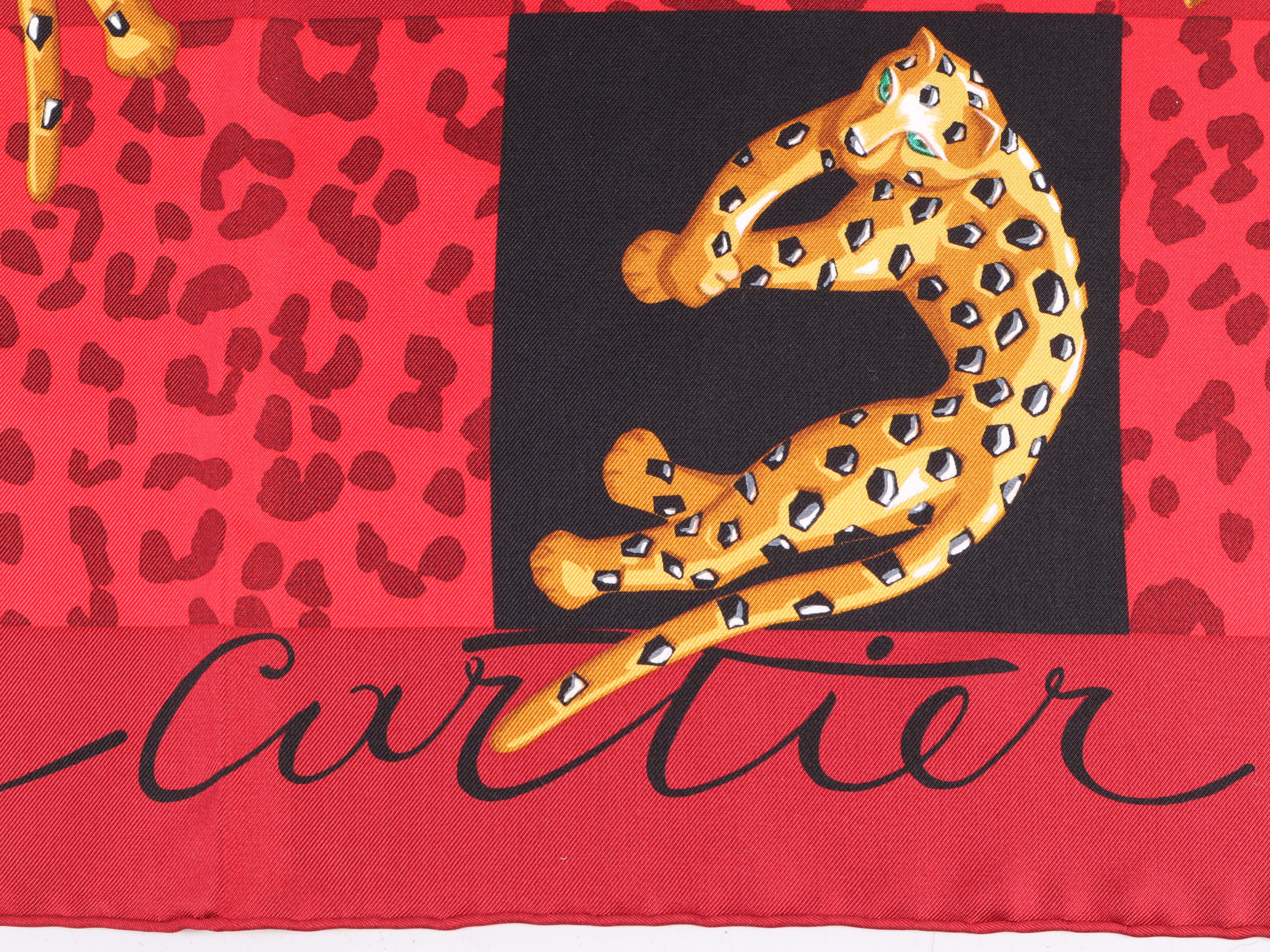 Cartier Paris Red Silk Scarf with Leopard Motif