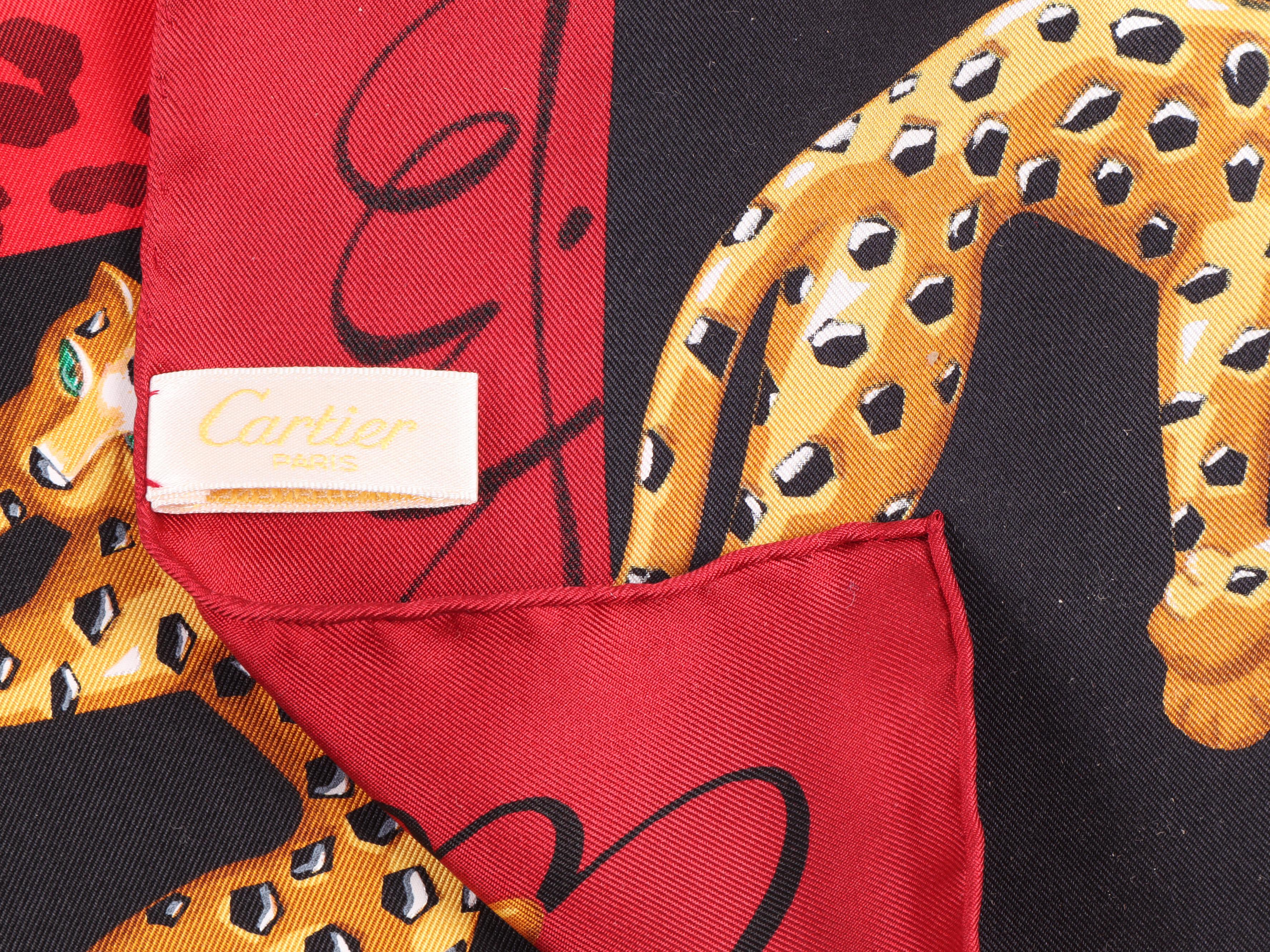 Cartier Paris Red Silk Scarf with Leopard Motif