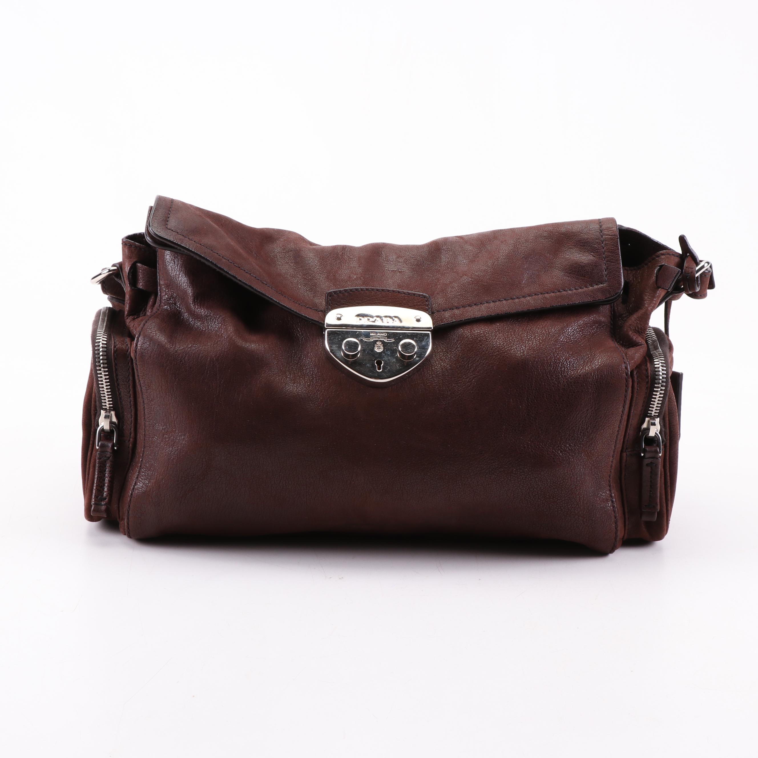 Prada Brown Grained Leather Foldover Push Lock Shoulder Bag