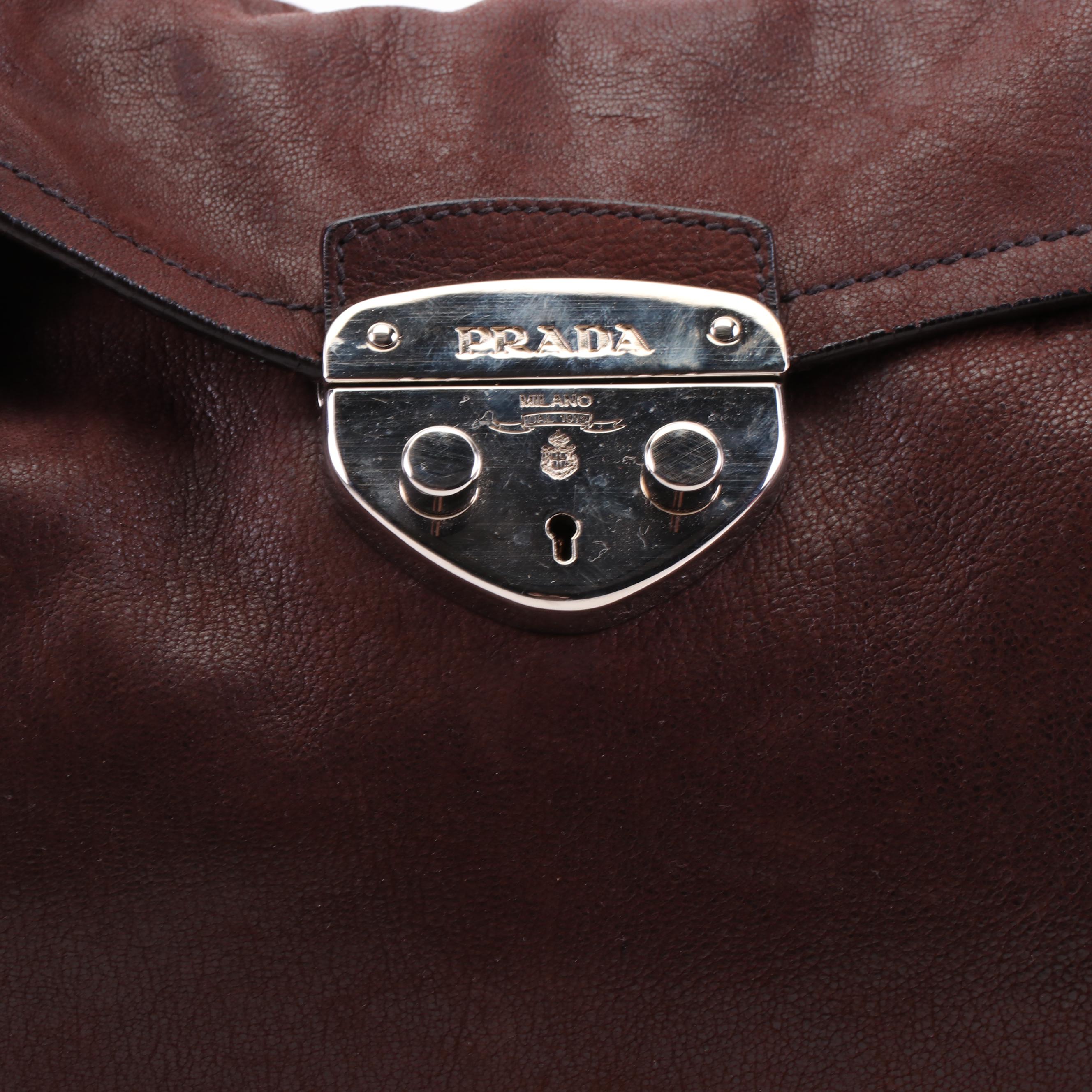 Prada Brown Grained Leather Foldover Push Lock Shoulder Bag