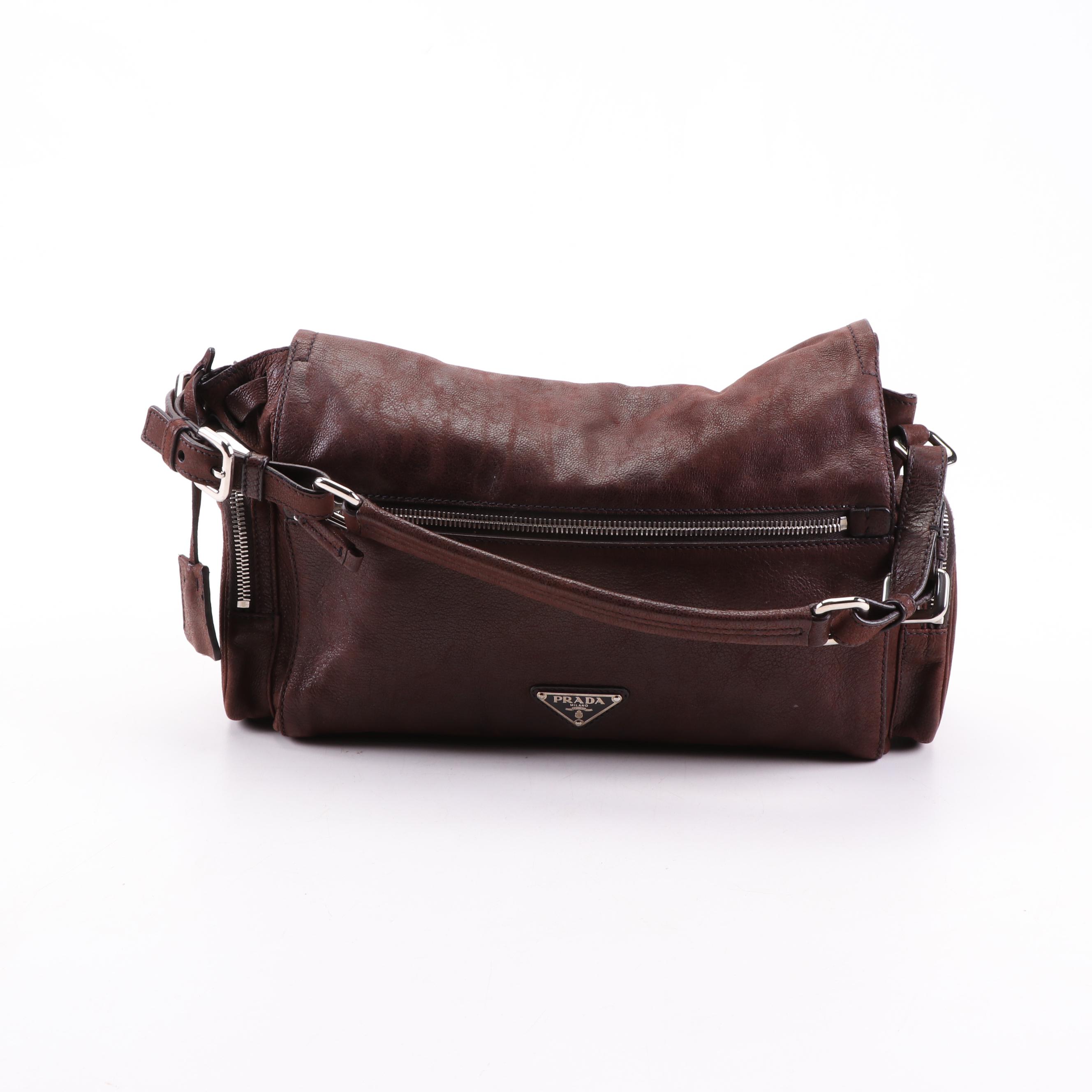 Prada Brown Grained Leather Foldover Push Lock Shoulder Bag