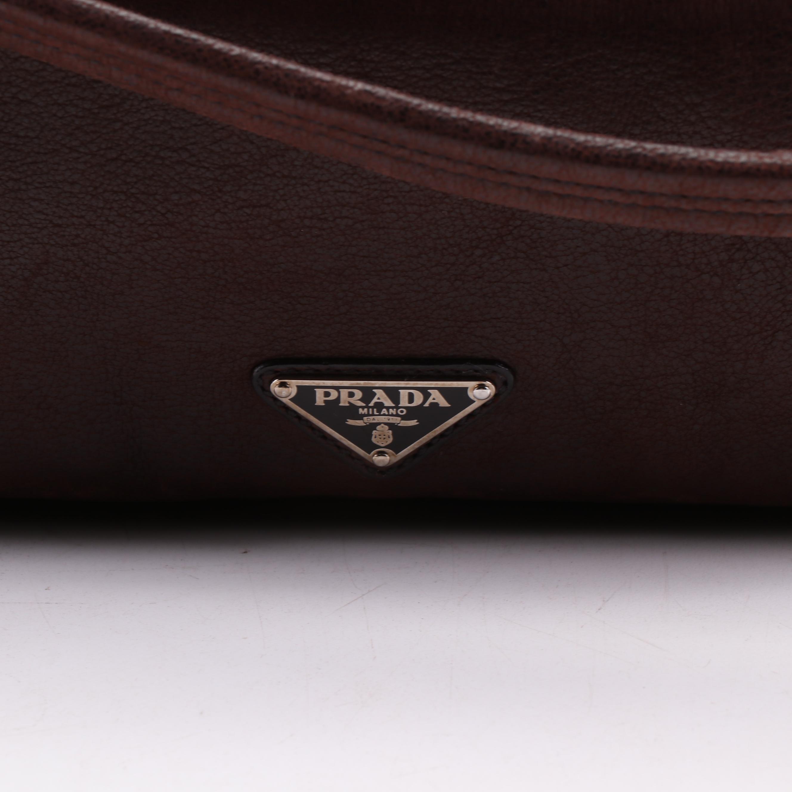 Prada Brown Grained Leather Foldover Push Lock Shoulder Bag