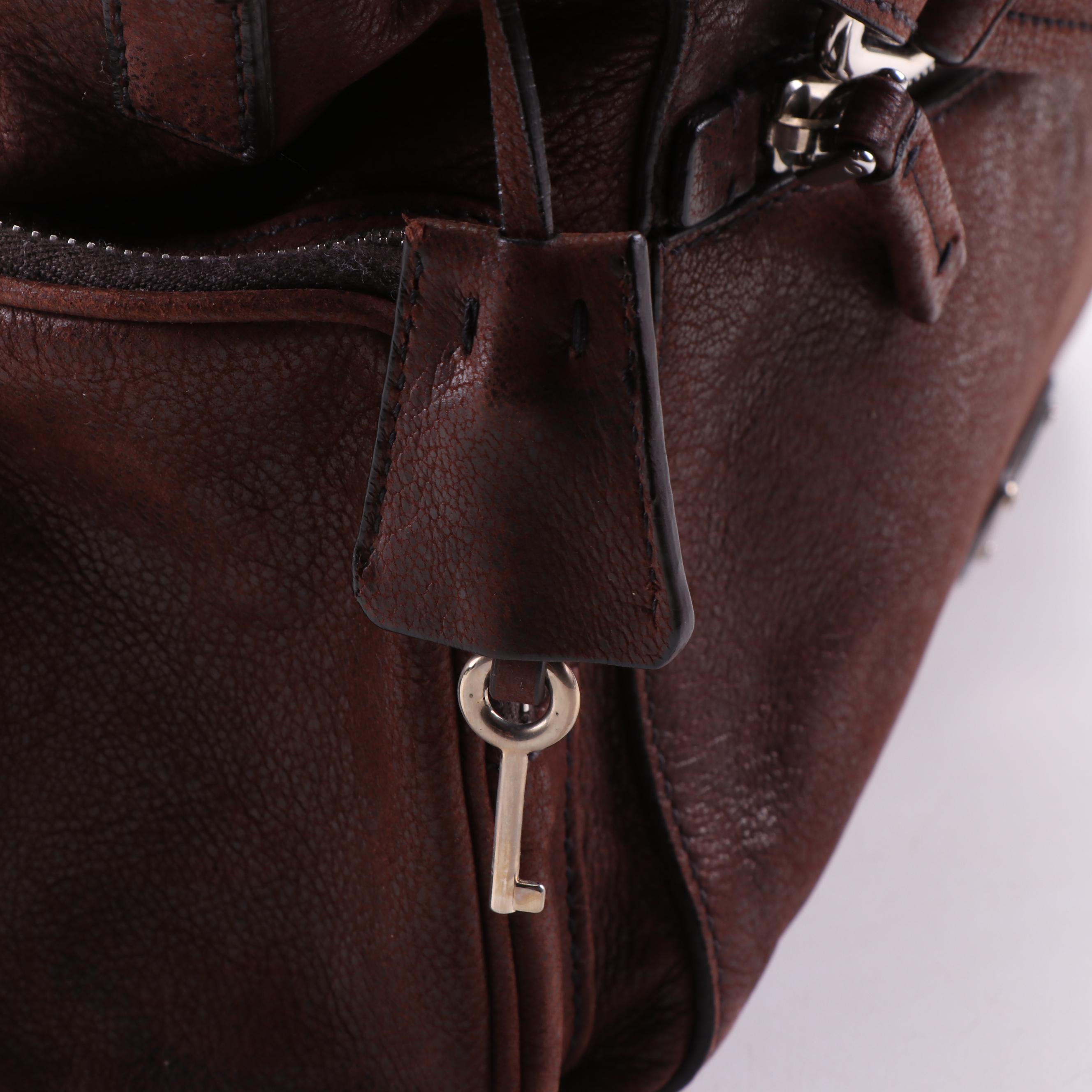 Prada Brown Grained Leather Foldover Push Lock Shoulder Bag