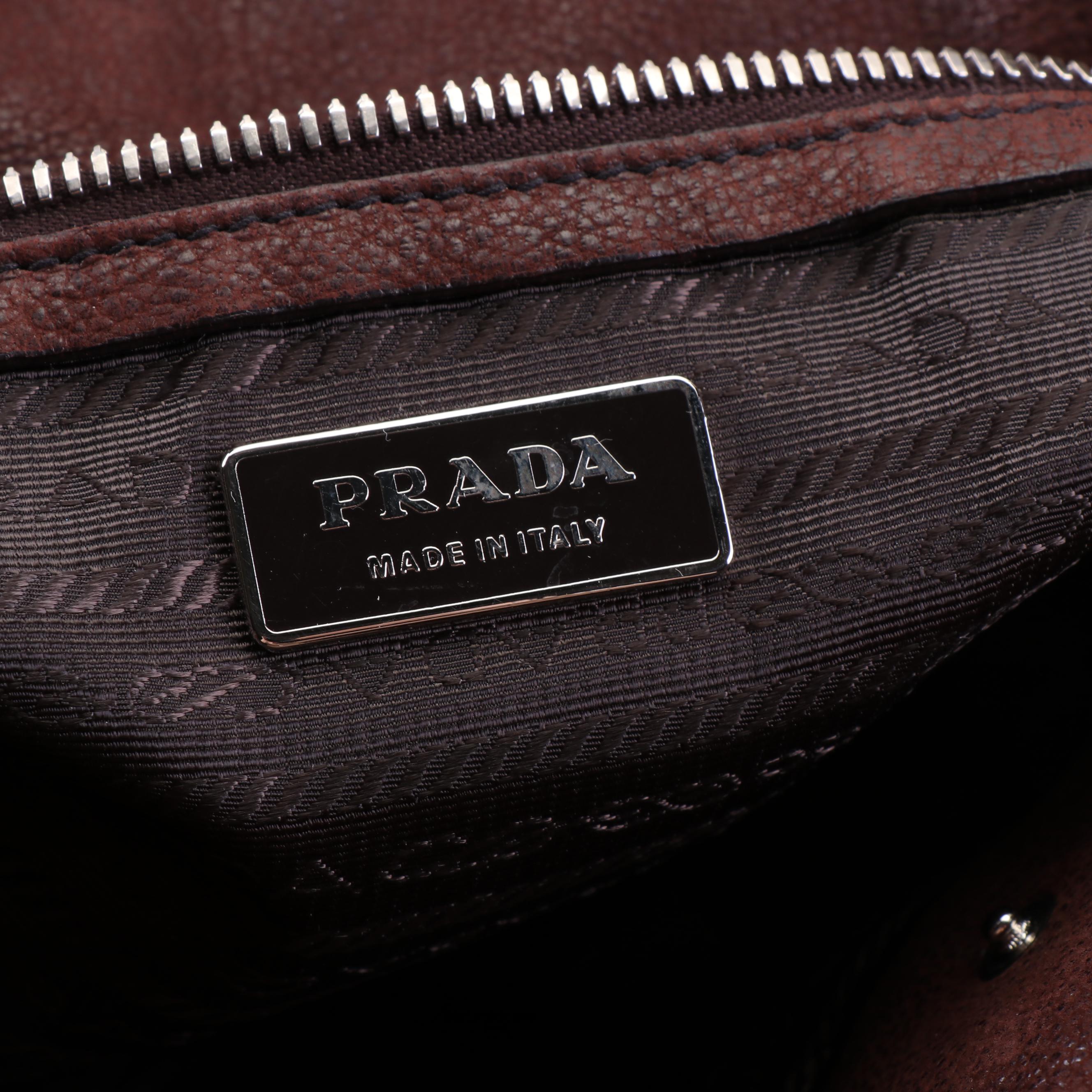 Prada Brown Grained Leather Foldover Push Lock Shoulder Bag
