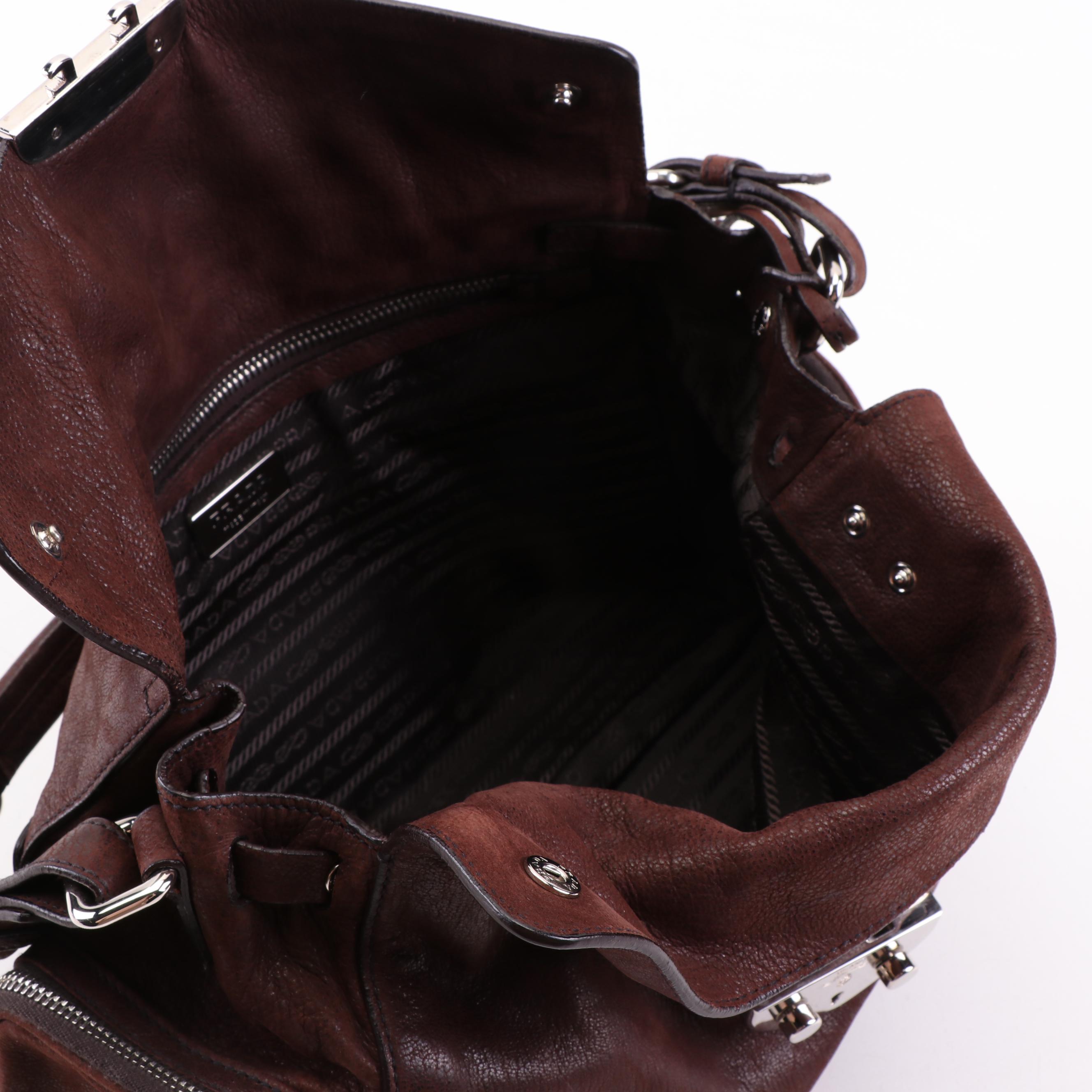 Prada Brown Grained Leather Foldover Push Lock Shoulder Bag