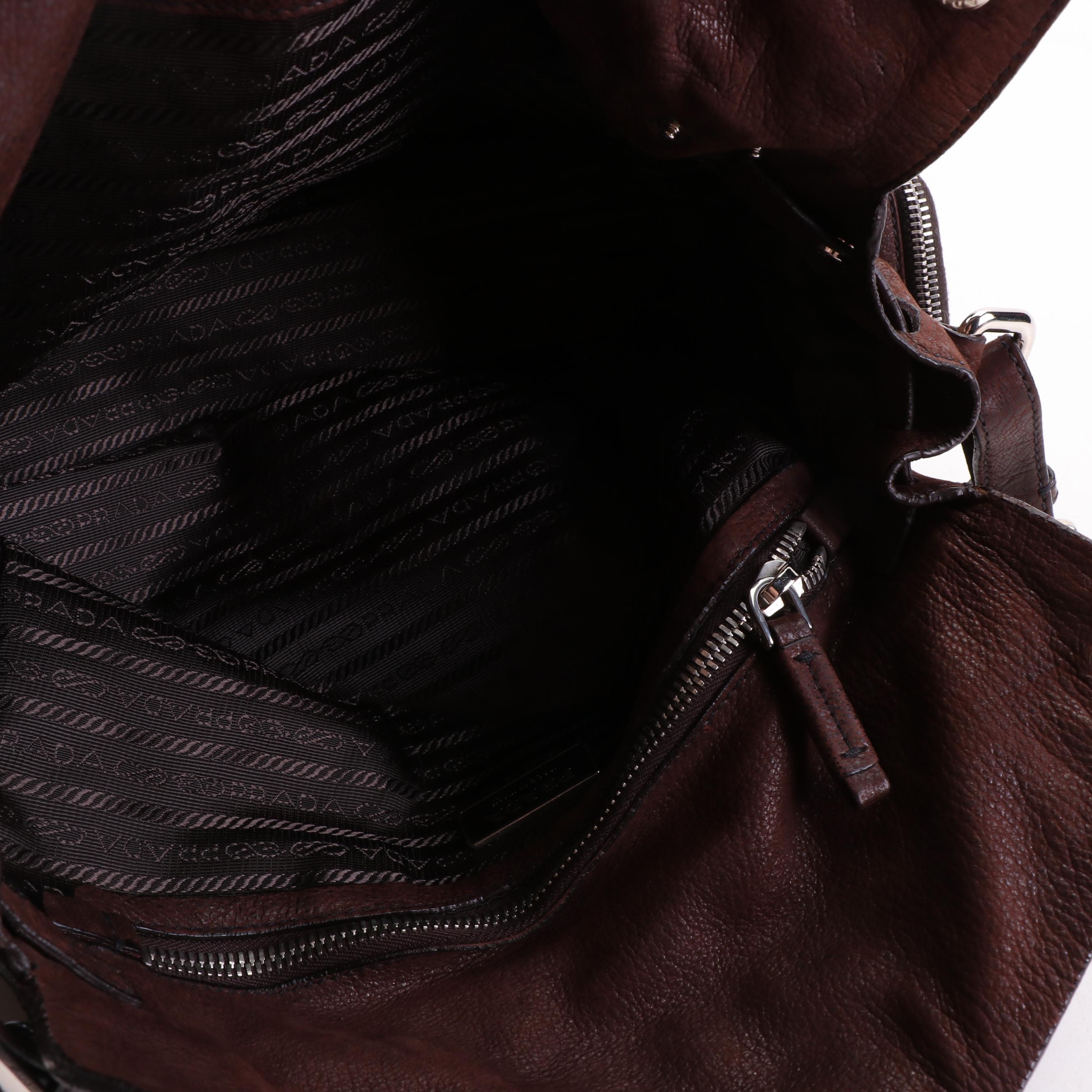 Prada Brown Grained Leather Foldover Push Lock Shoulder Bag