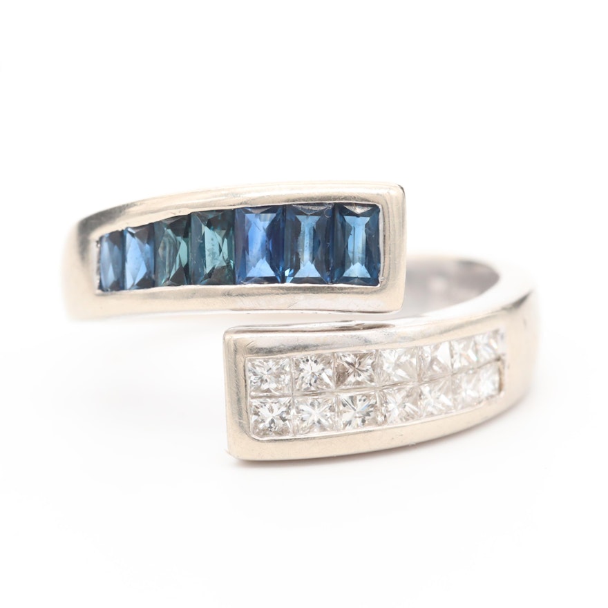 14K White Gold Diamond and Sapphire Bypass Ring