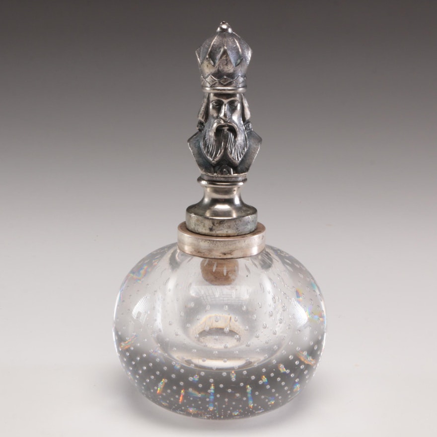 Religious Figure Decanter Stopper and Sterling-Glass Perfume Bottle, Mid-Century