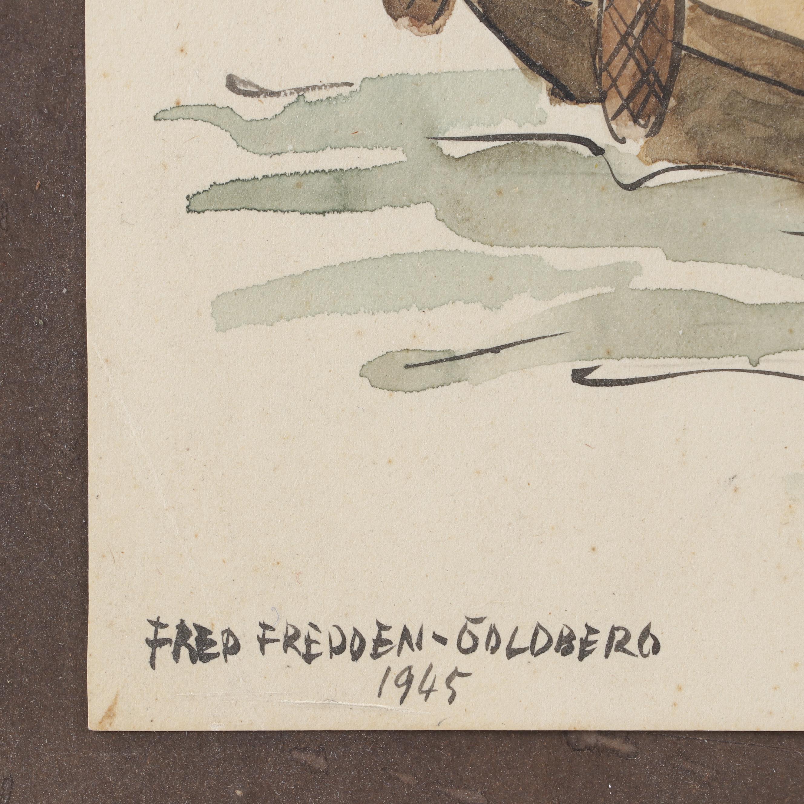 Fred Fredden Goldberg 1945 Watercolor Painting of Fisherman