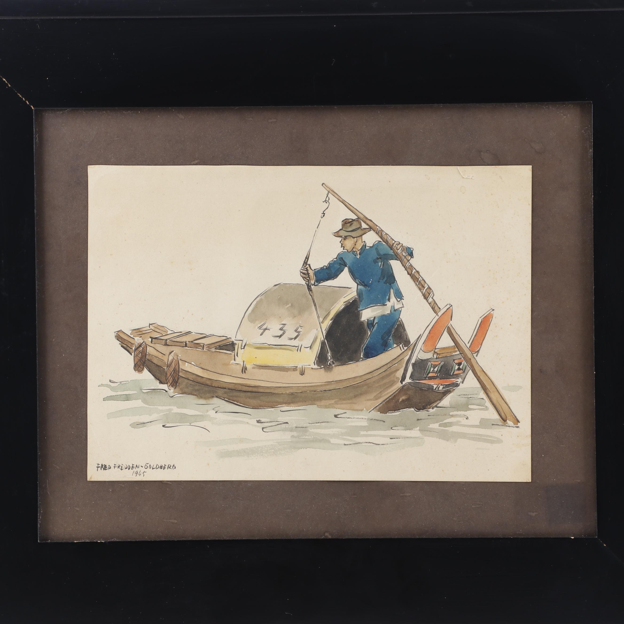 Fred Fredden Goldberg 1945 Watercolor Painting of Fisherman