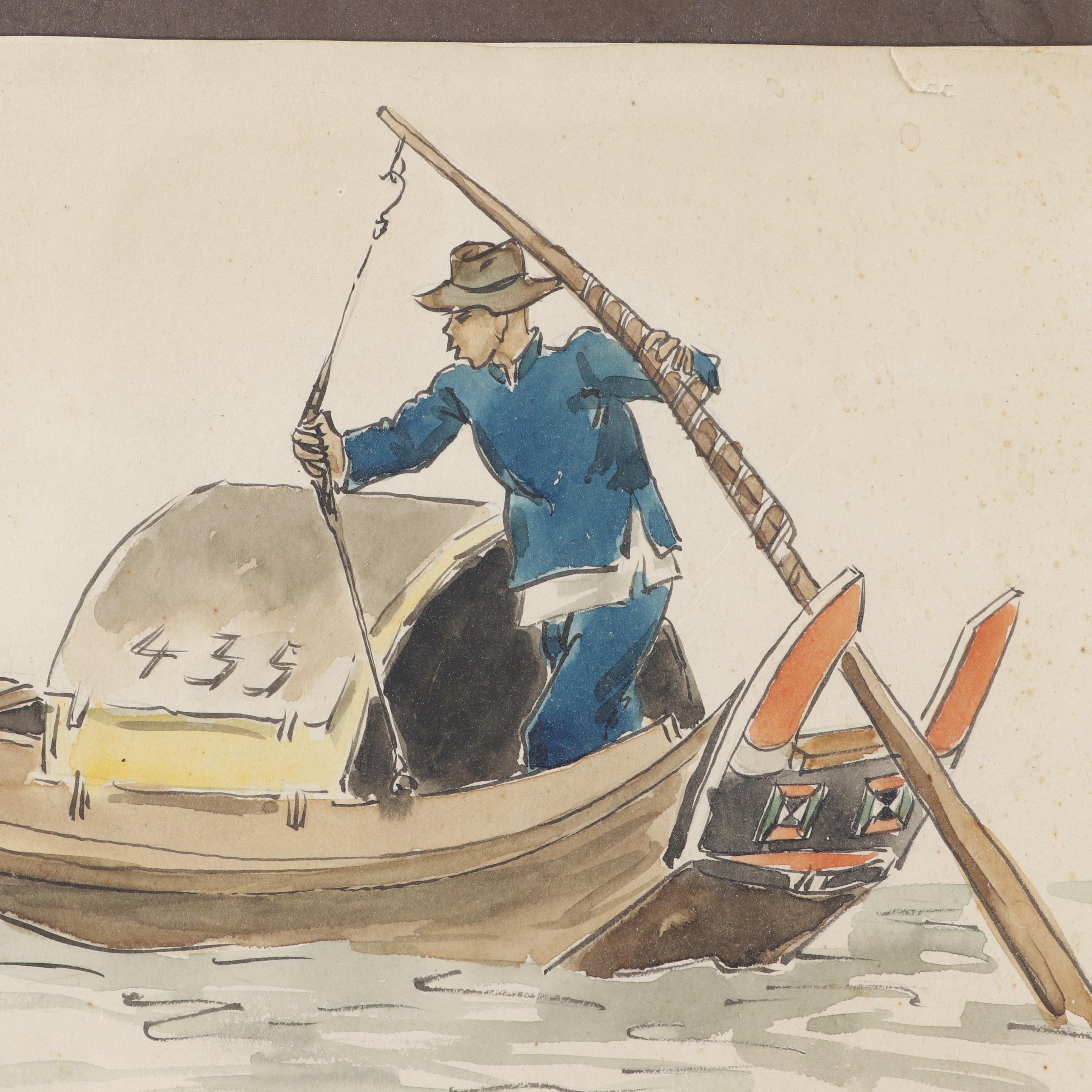 Fred Fredden Goldberg 1945 Watercolor Painting of Fisherman