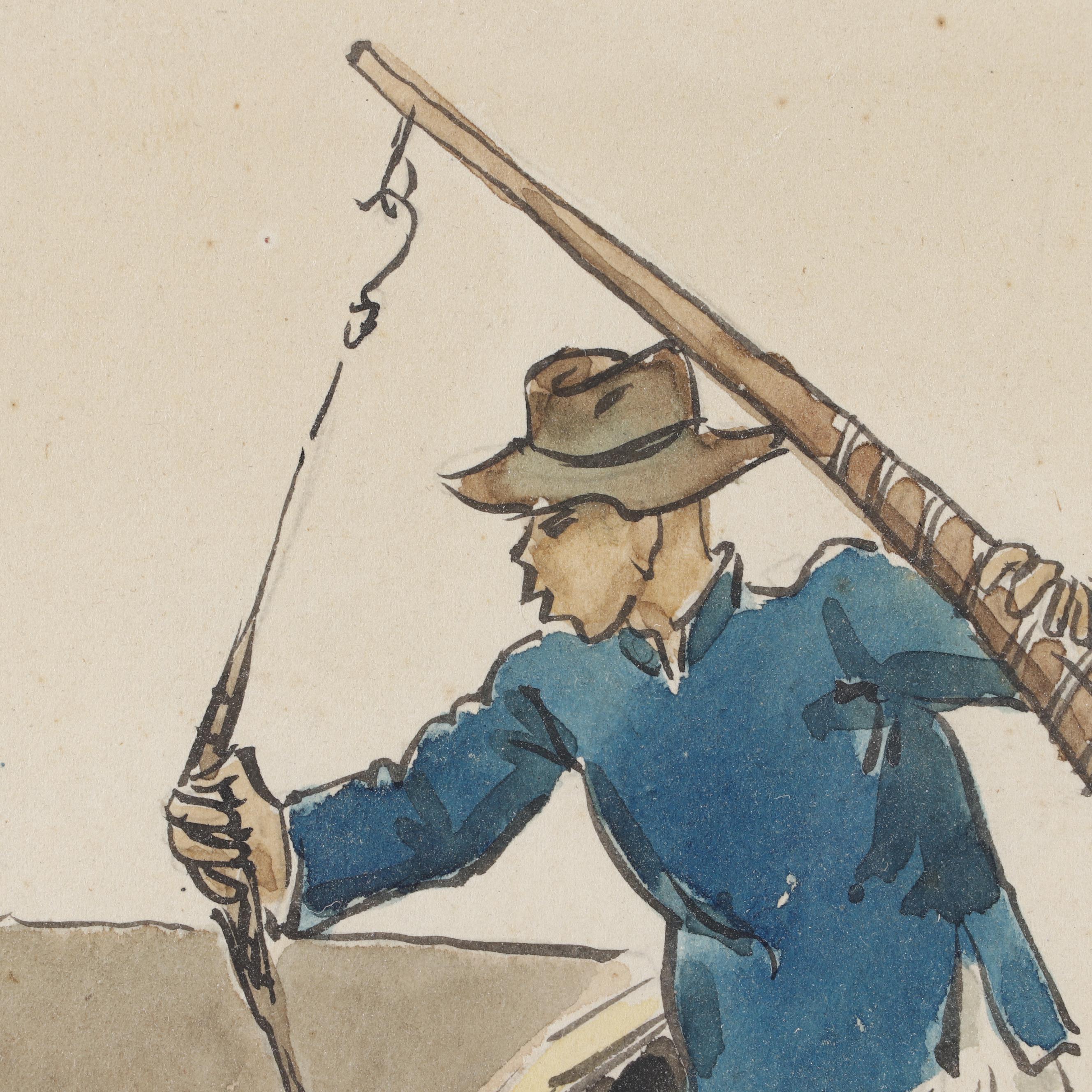 Fred Fredden Goldberg 1945 Watercolor Painting of Fisherman