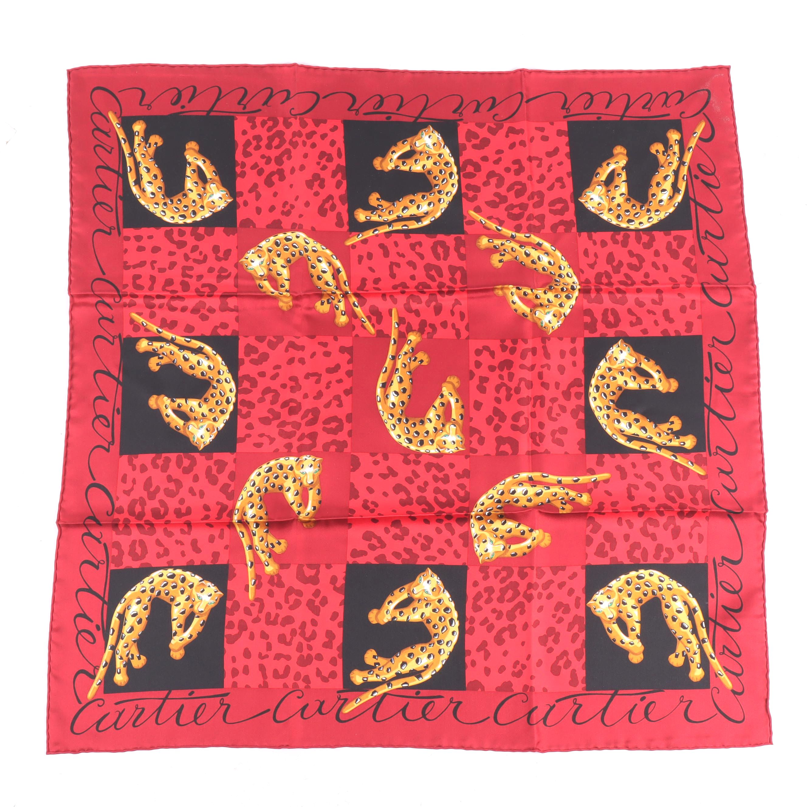 Cartier Paris Red Silk Scarf with Leopard Motif